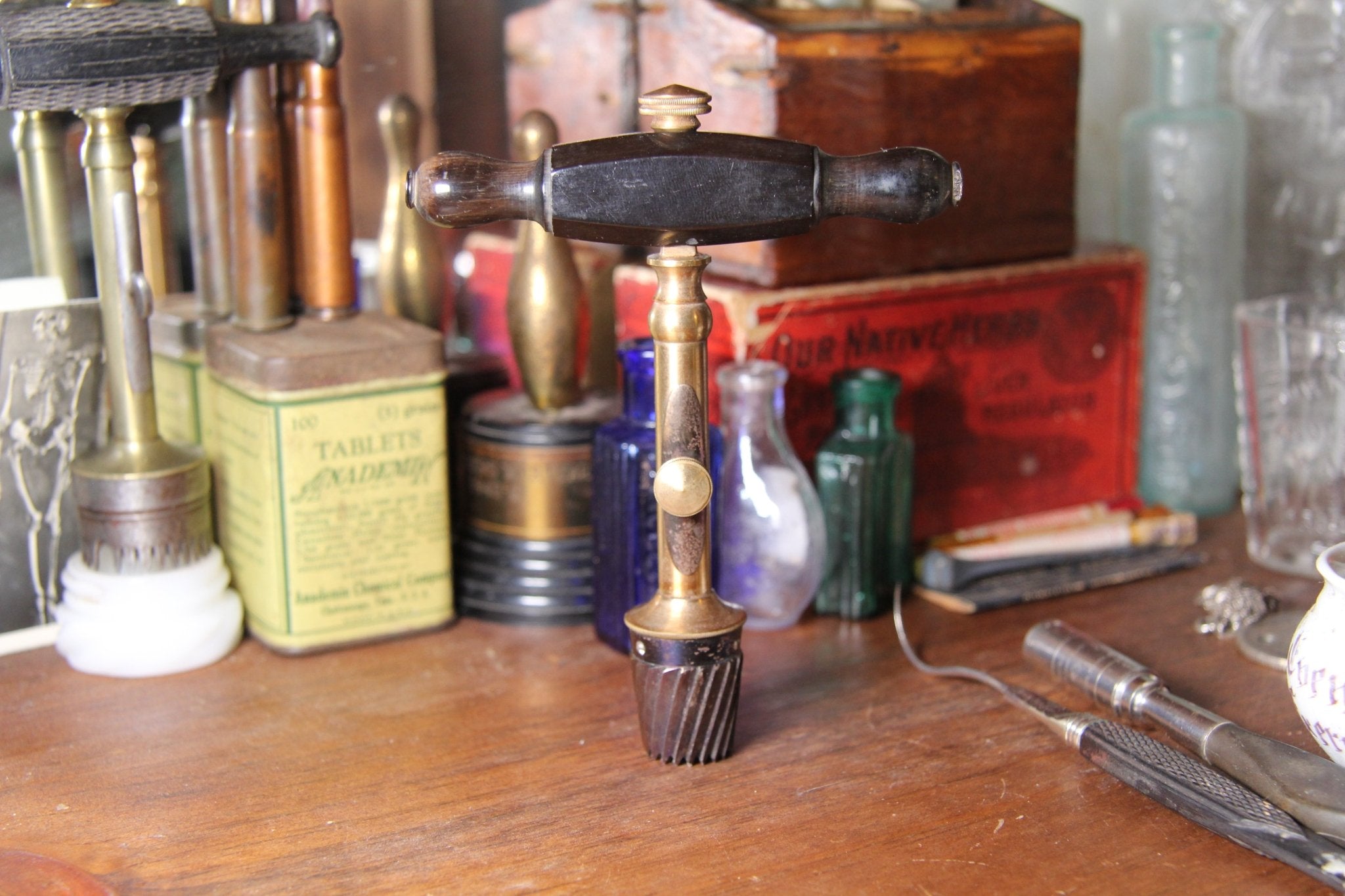 1700's Horn Handle and Brass Trephine, Skull Drill, T - Handle Trepanning Instrument - Exquisite Dark Curio