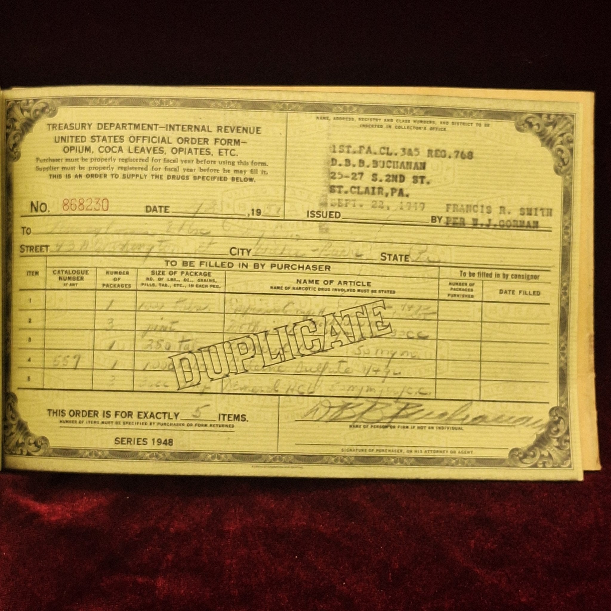 1940's Treasury Department, IRS Order Form for Opii, Coca, & Derivatives of - Exquisite Dark Curio