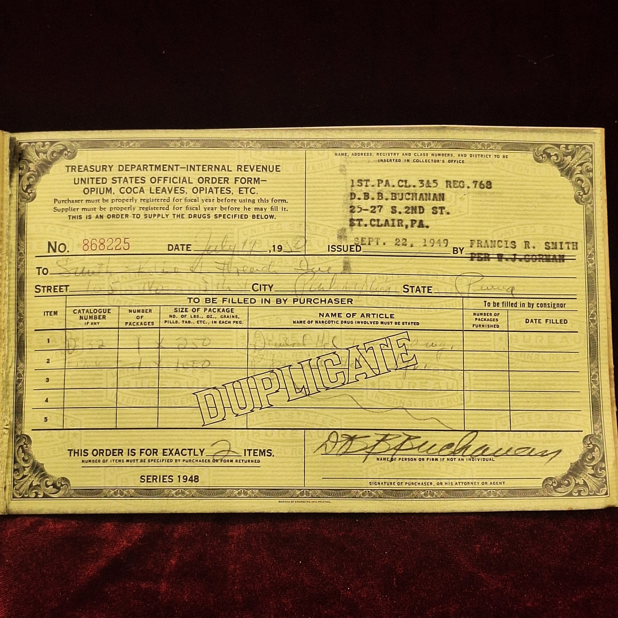 1940's Treasury Department, IRS Order Form for Opii, Coca, & Derivatives of - Exquisite Dark Curio