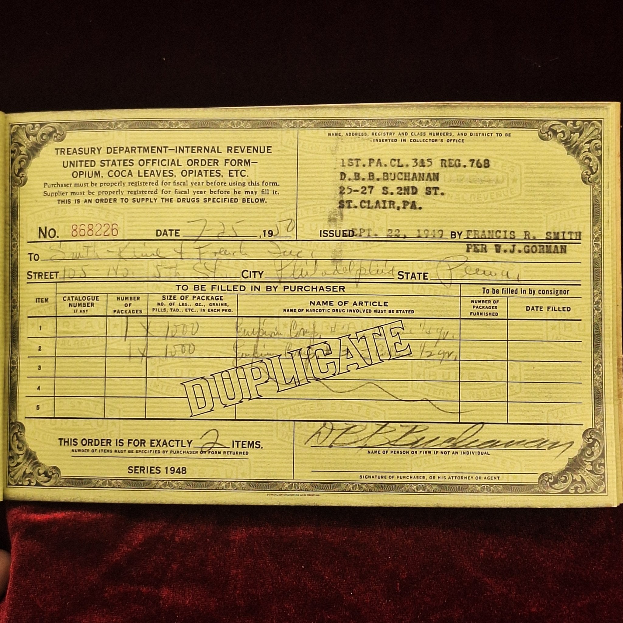 1940's Treasury Department, IRS Order Form for Opii, Coca, & Derivatives of - Exquisite Dark Curio