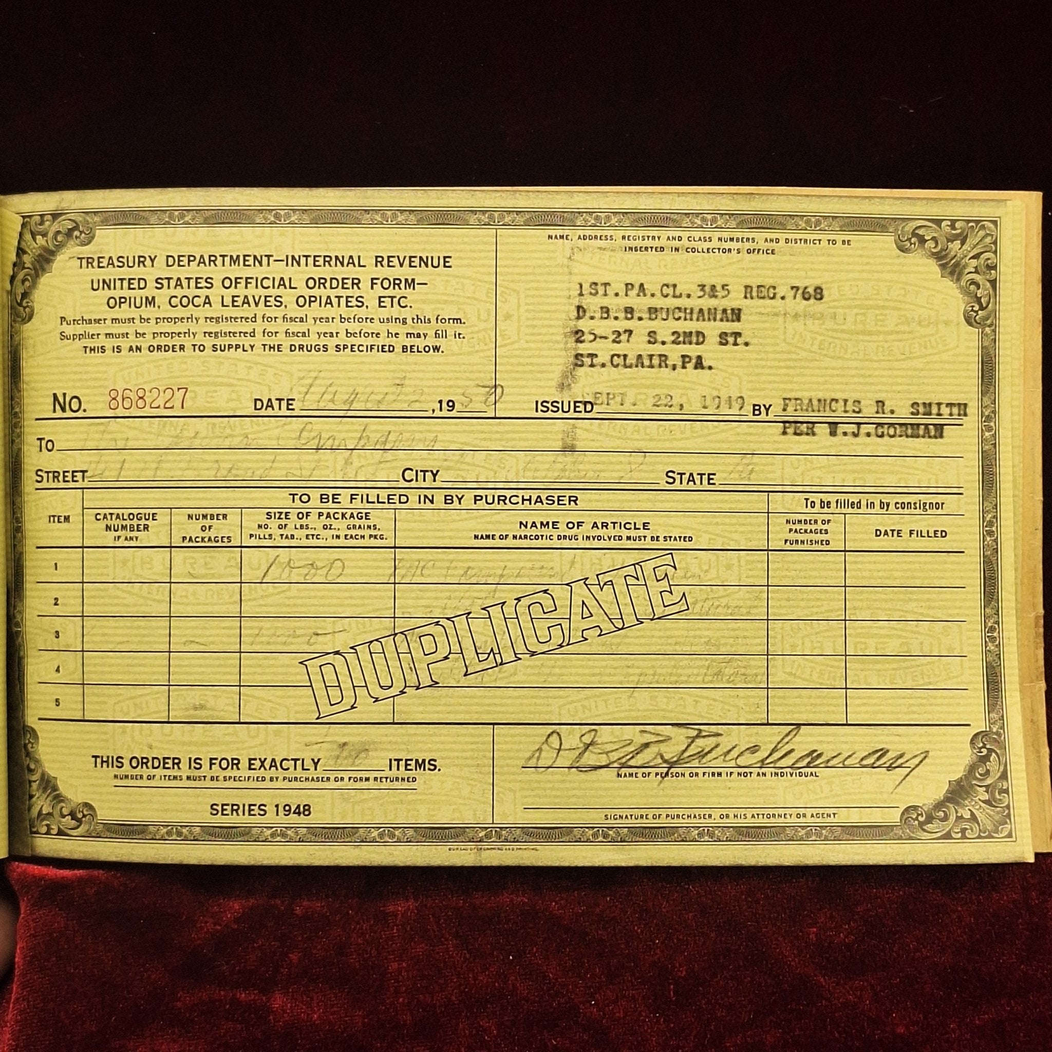1940's Treasury Department, IRS Order Form for Opii, Coca, & Derivatives of - Exquisite Dark Curio