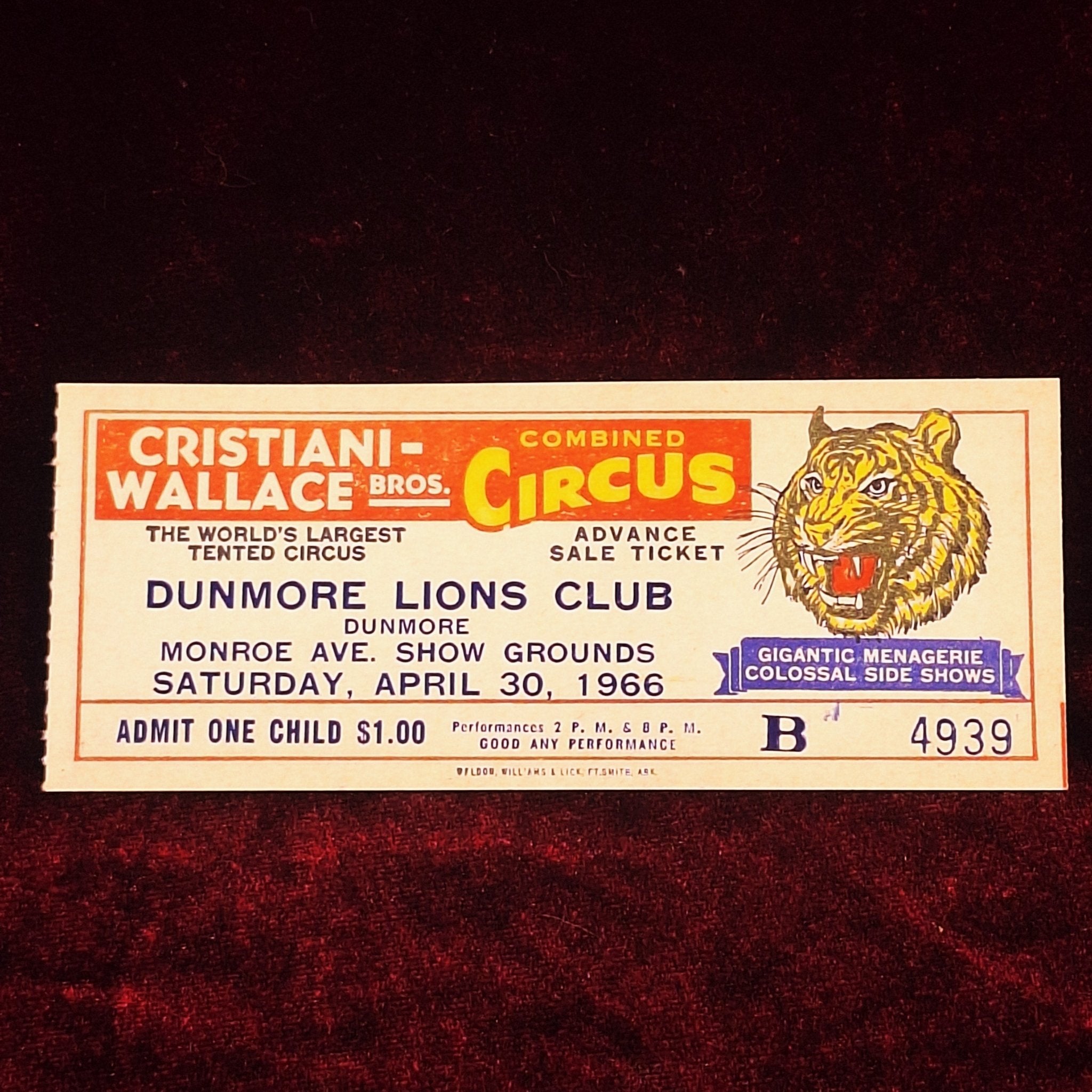 1966 Cristiani - Wallace Bros. Combined Circus Ticket - Exquisite Dark Curio
