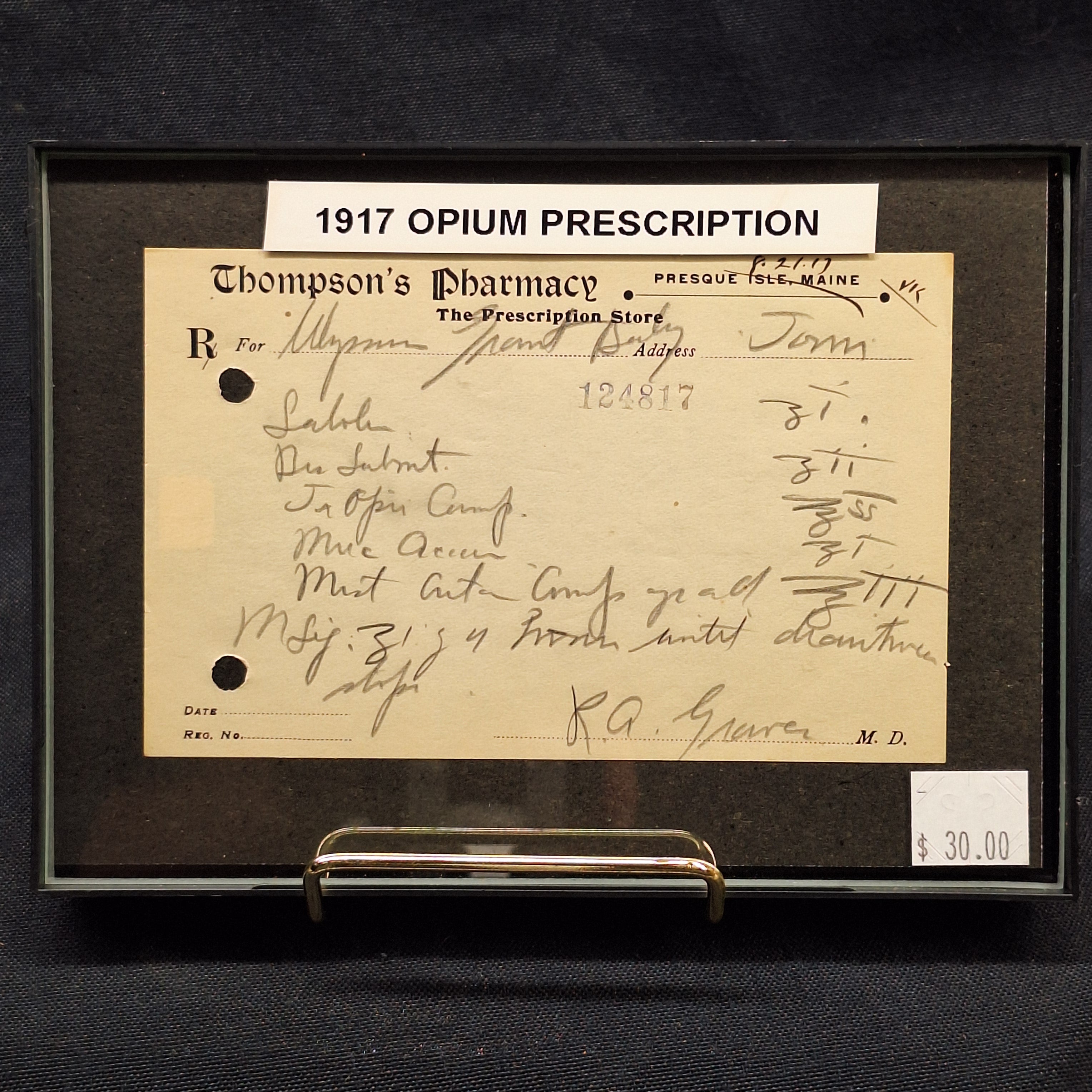 1917 Handwritten Opium Prescription Ephemera Framed