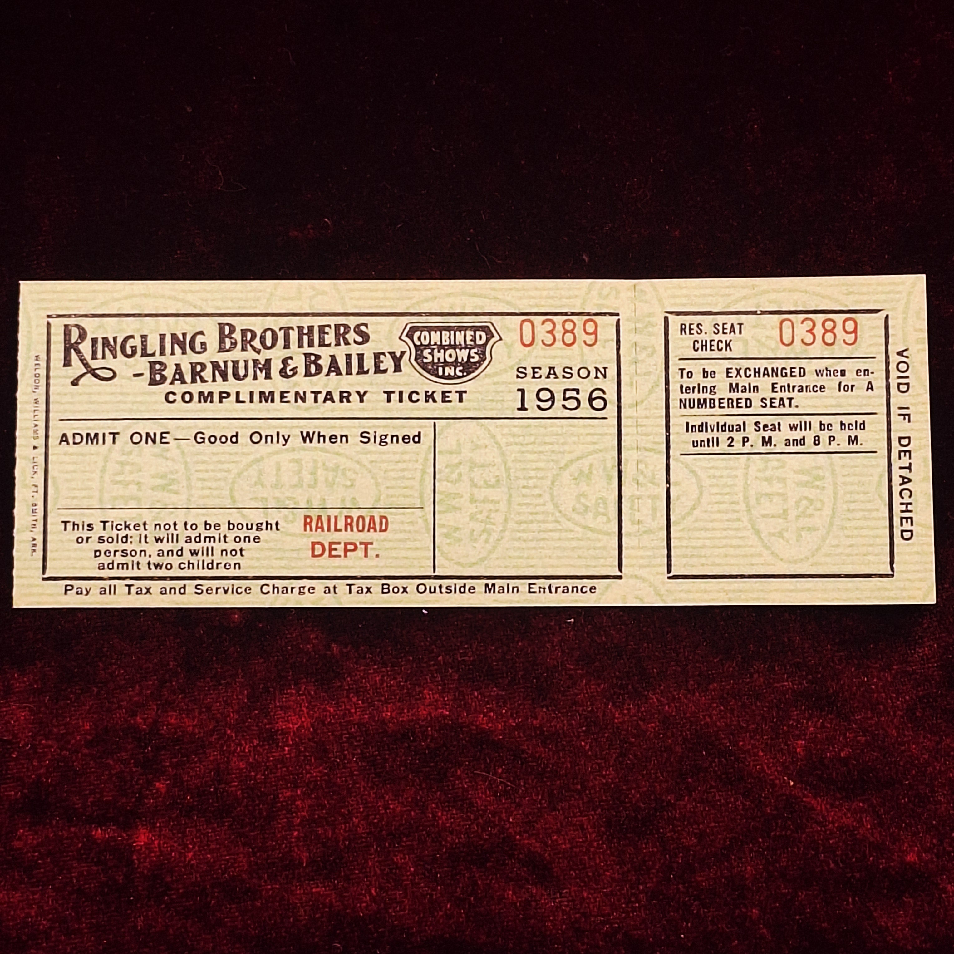 1956 Ringling Brothers Railroad Dept. Circus Ticket