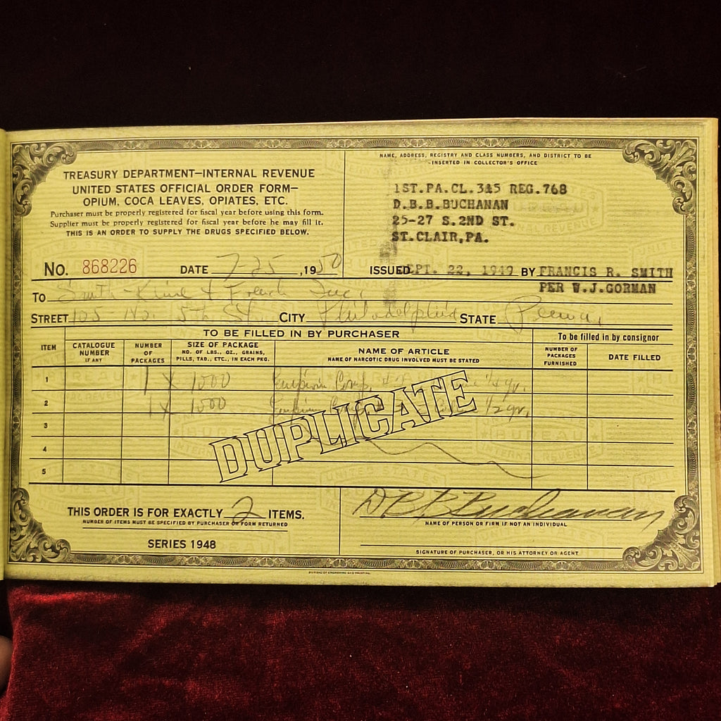 1940's Treasury Department, IRS Order Form for Opii, Coca, & Derivatives of