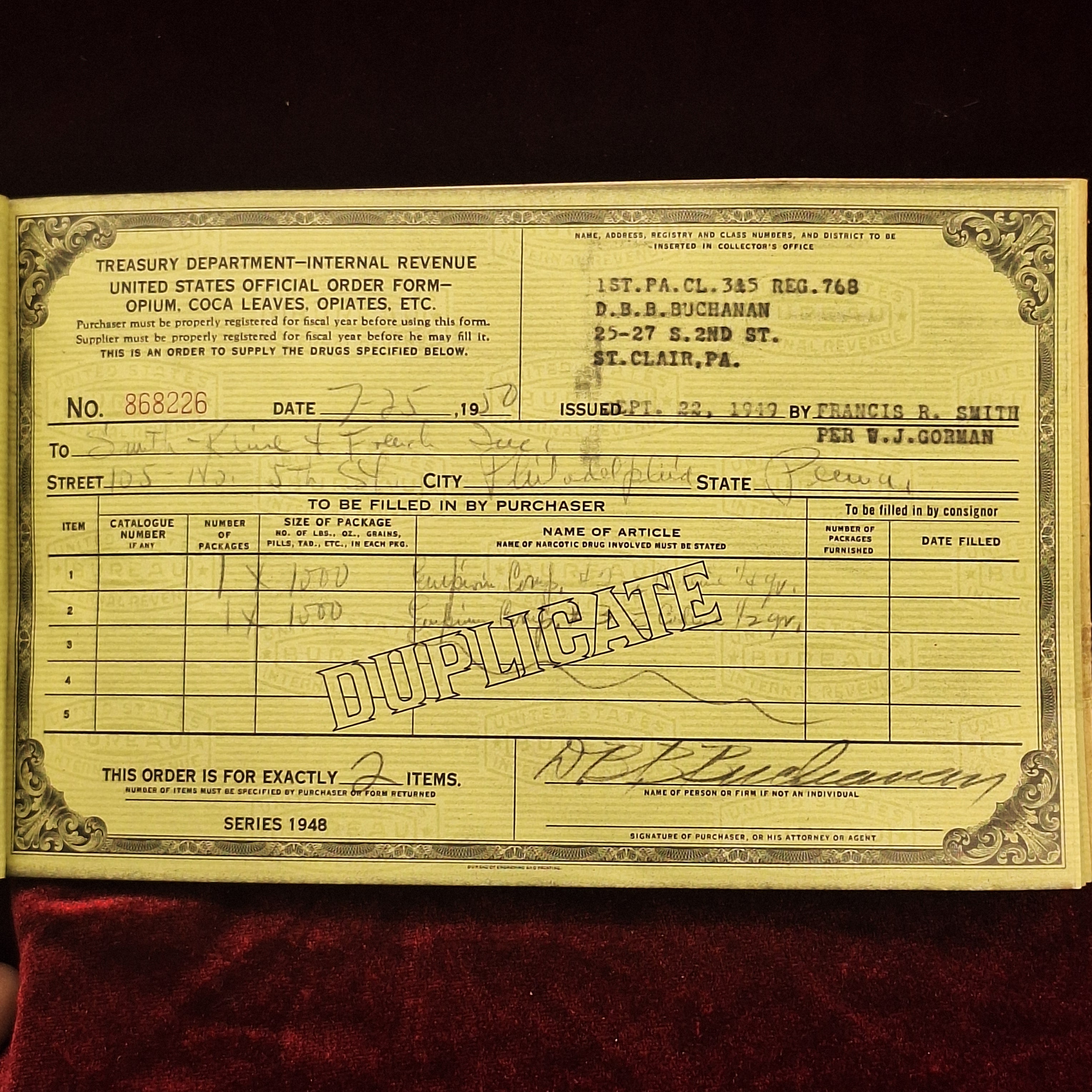 1940's Treasury Department, IRS Order Form for Opii, Coca, & Derivatives of