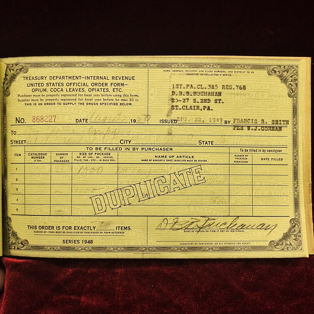 1940's Treasury Department, IRS Order Form for Opii, Coca, & Derivatives of