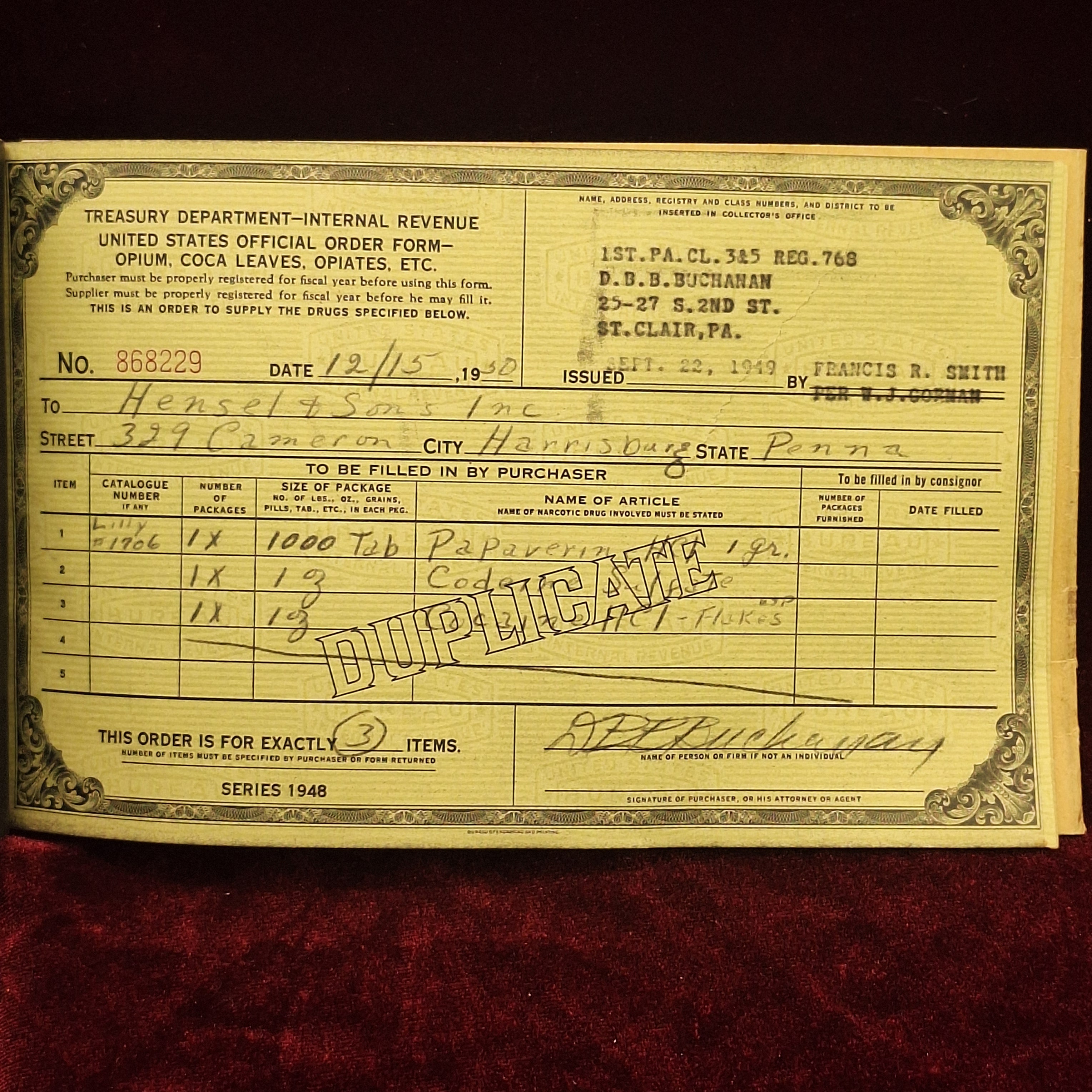 1940's Treasury Department, IRS Order Form for Opii, Coca, & Derivatives of