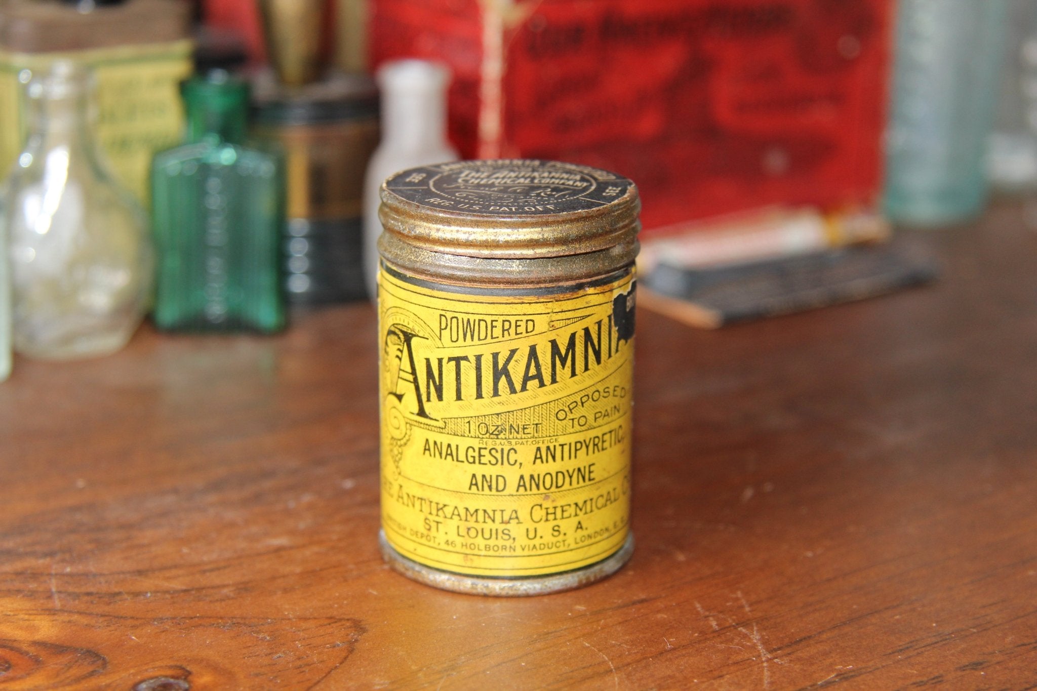 Antikamina Yellow Tin - Antique Advertising - Exquisite Dark Curio