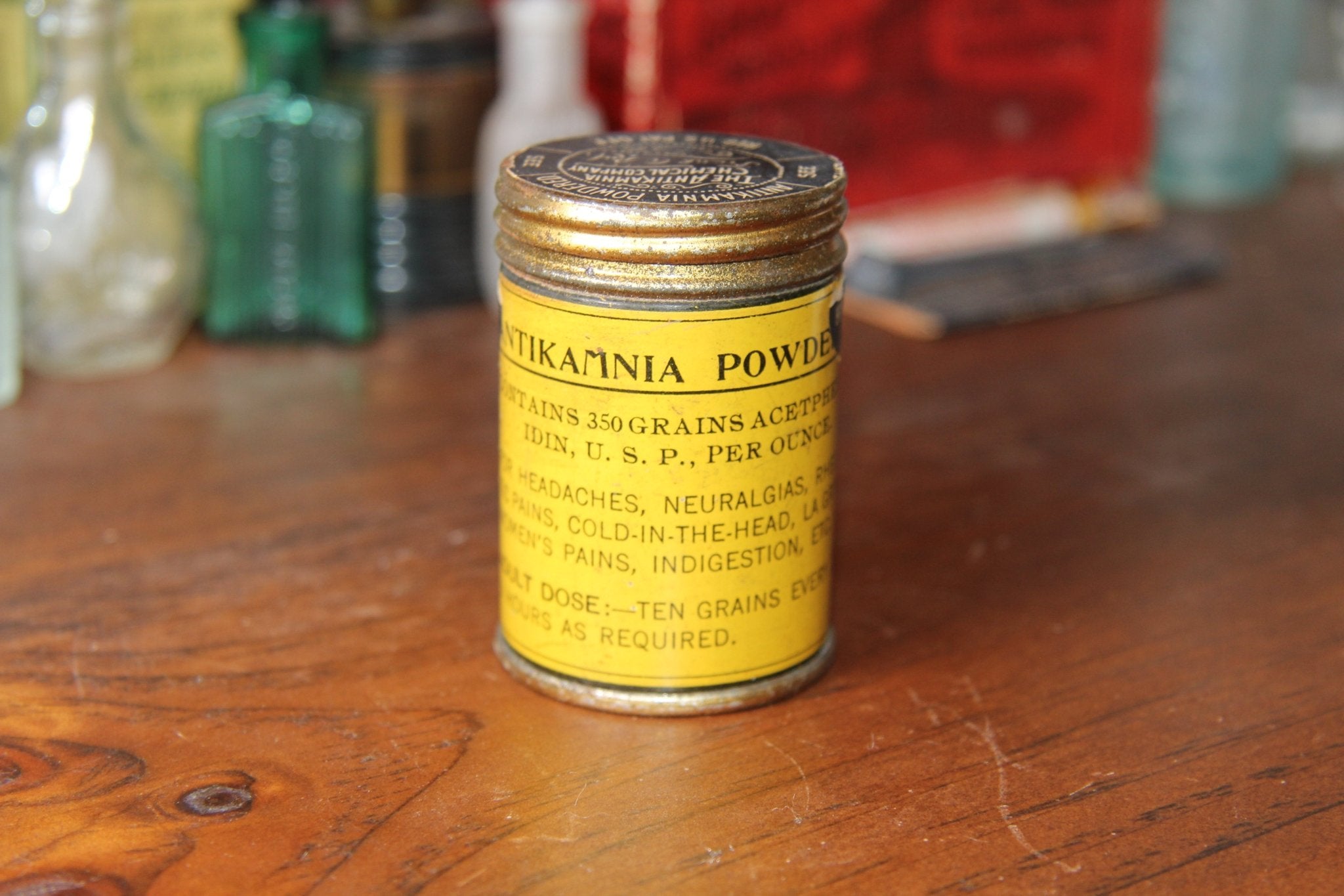 Antikamina Yellow Tin - Antique Advertising - Exquisite Dark Curio
