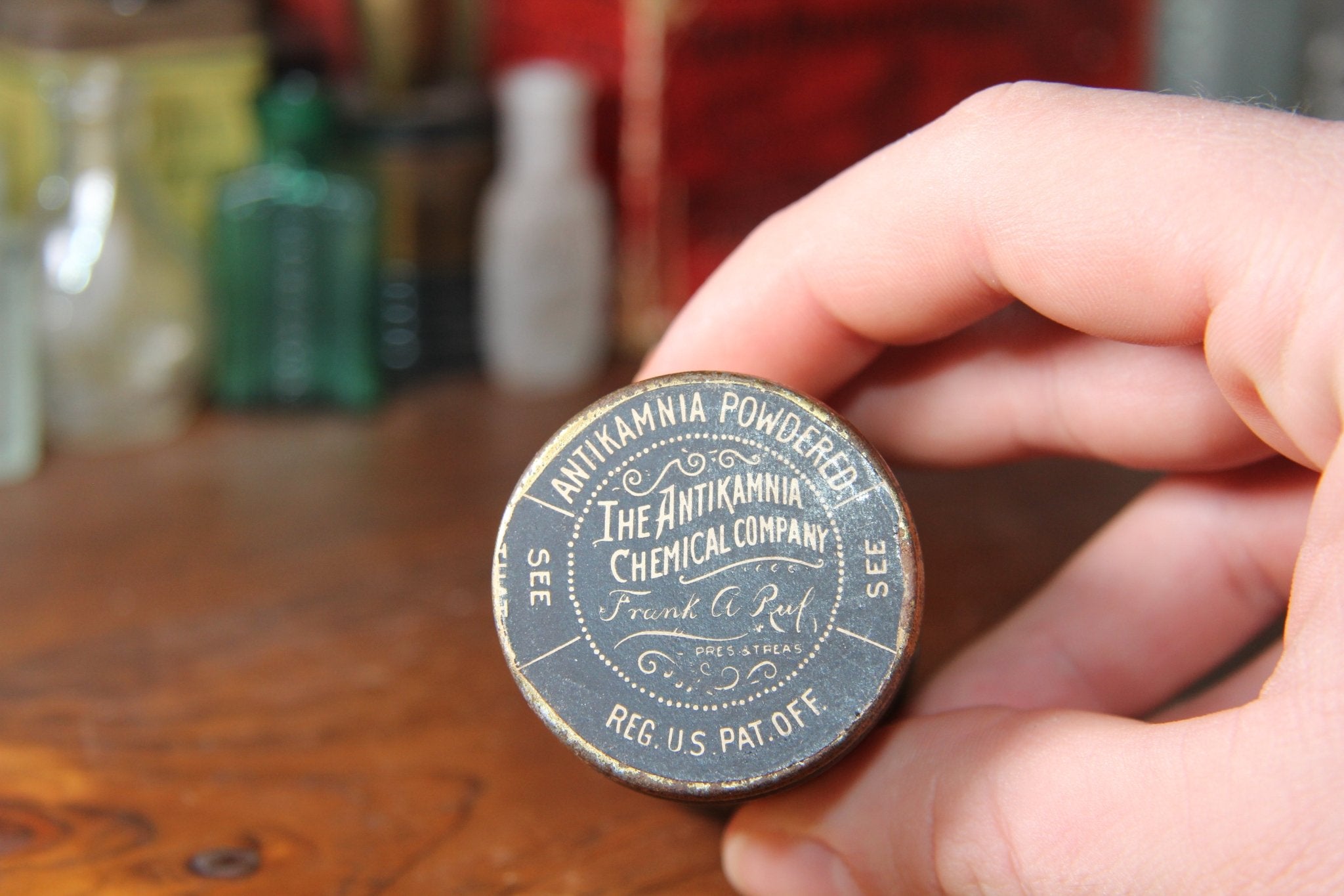 Antikamina Yellow Tin - Antique Advertising - Exquisite Dark Curio