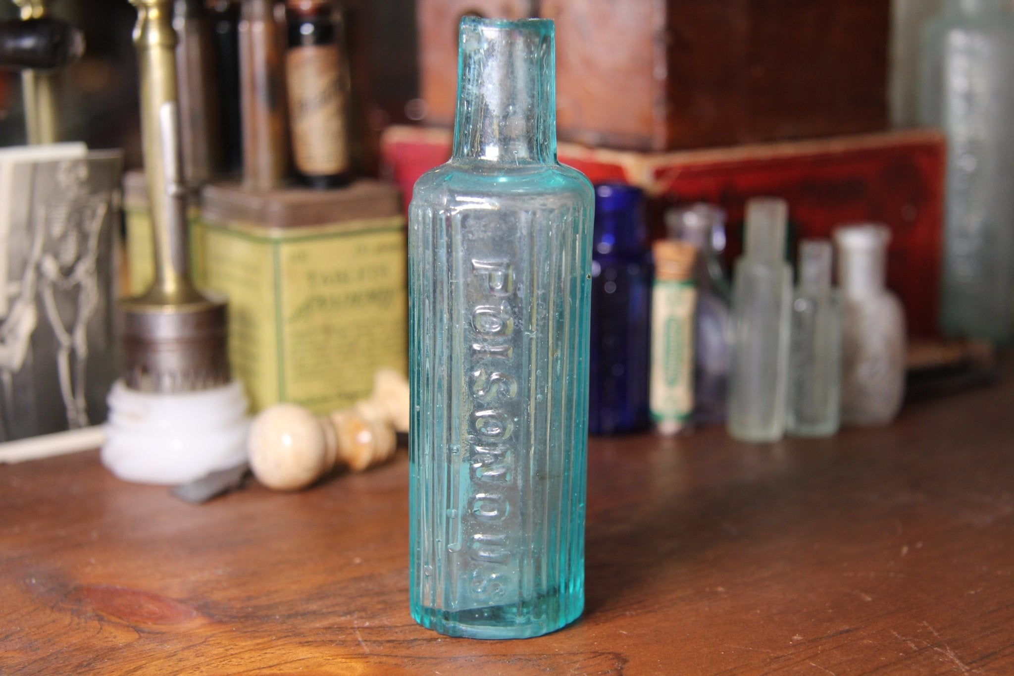 Antique 1800's US Poison Bottle, Blown Glass Shear Top, Aqua - Exquisite Dark Curio