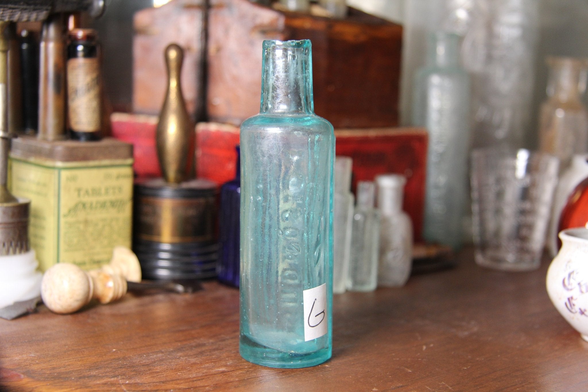 Antique 1800's US Poison Bottle, Blown Glass Shear Top, Aqua - Exquisite Dark Curio