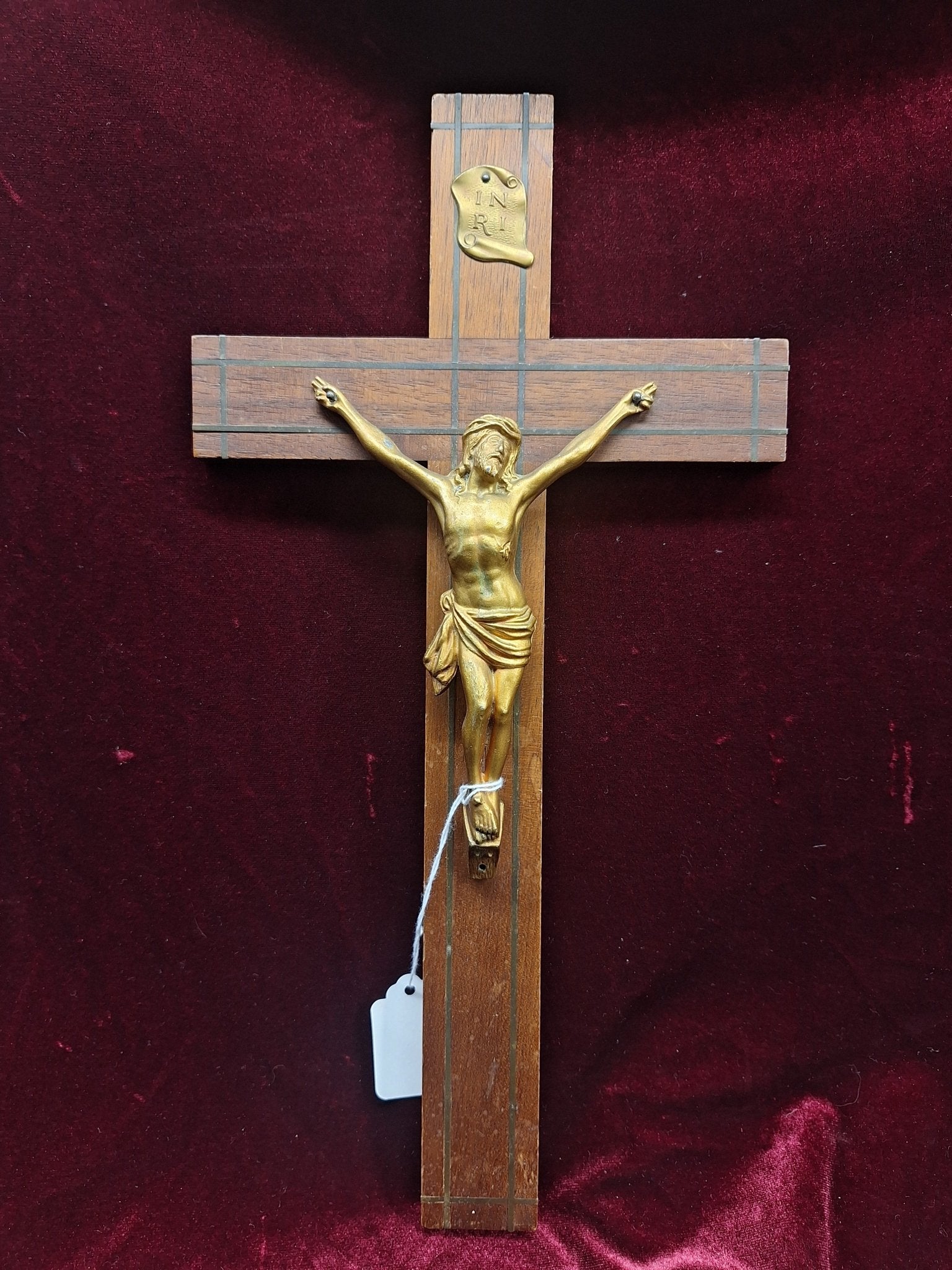 Antique Brass Inlay Wall Crucifix Large - Exquisite Dark Curio