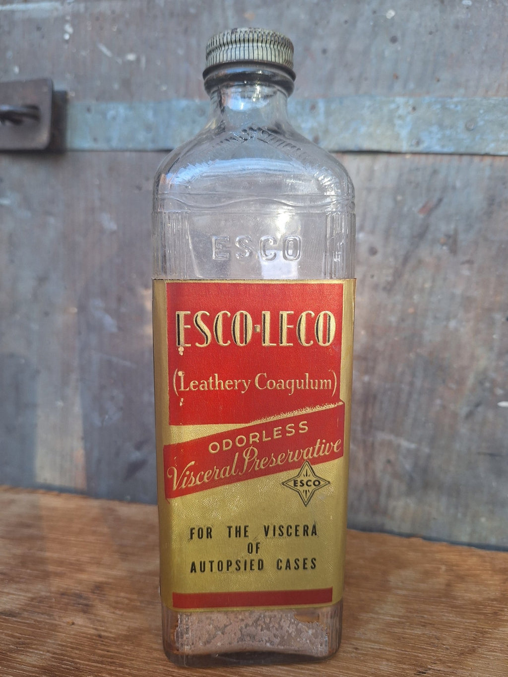 Antique ESCO - LECO Leathery Coagulum Embalming Bottle - Visceral Preservative - Exquisite Dark Curio