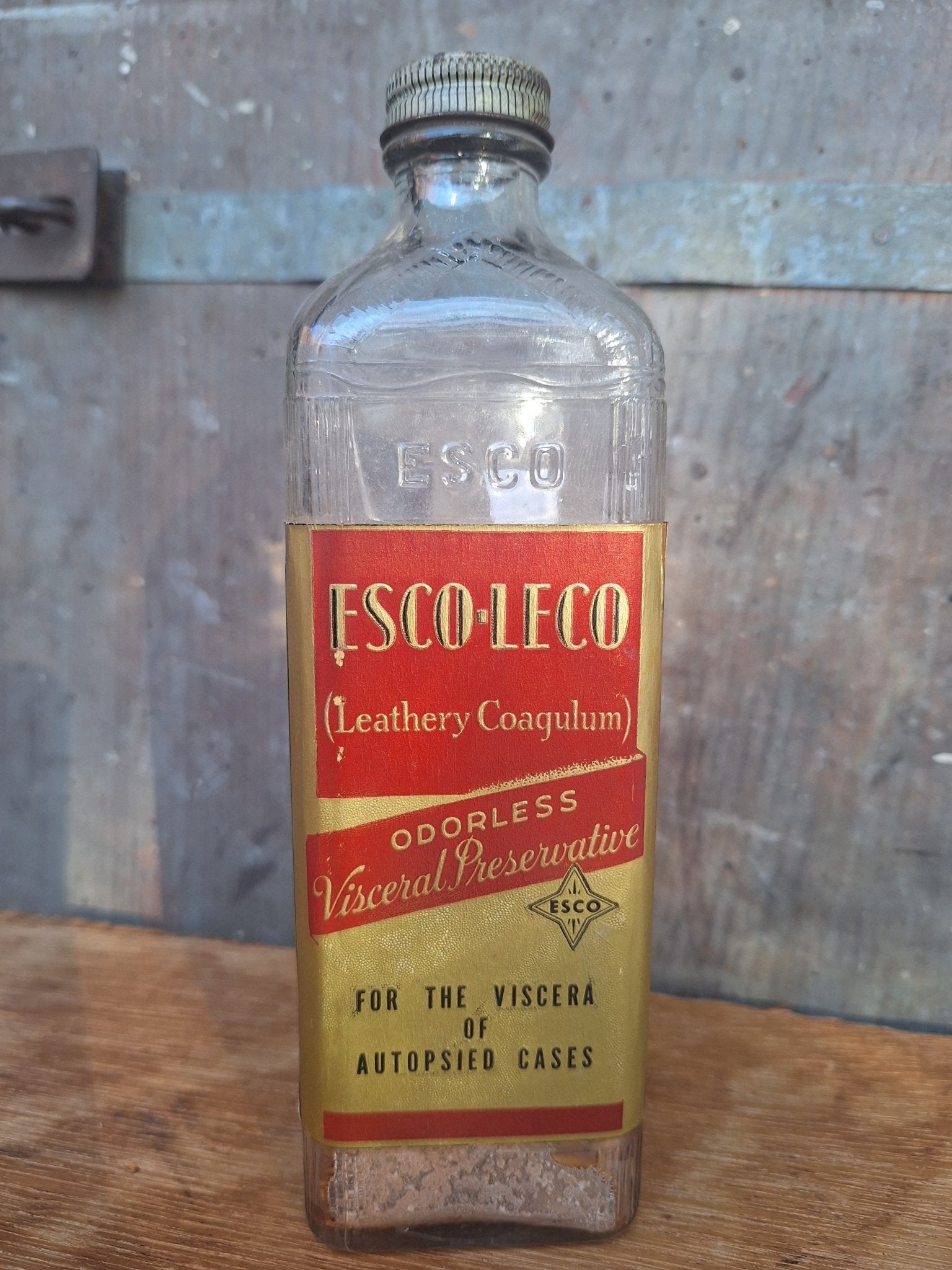 Antique ESCO - LECO Leathery Coagulum Embalming Bottle - Visceral Preservative - Exquisite Dark Curio