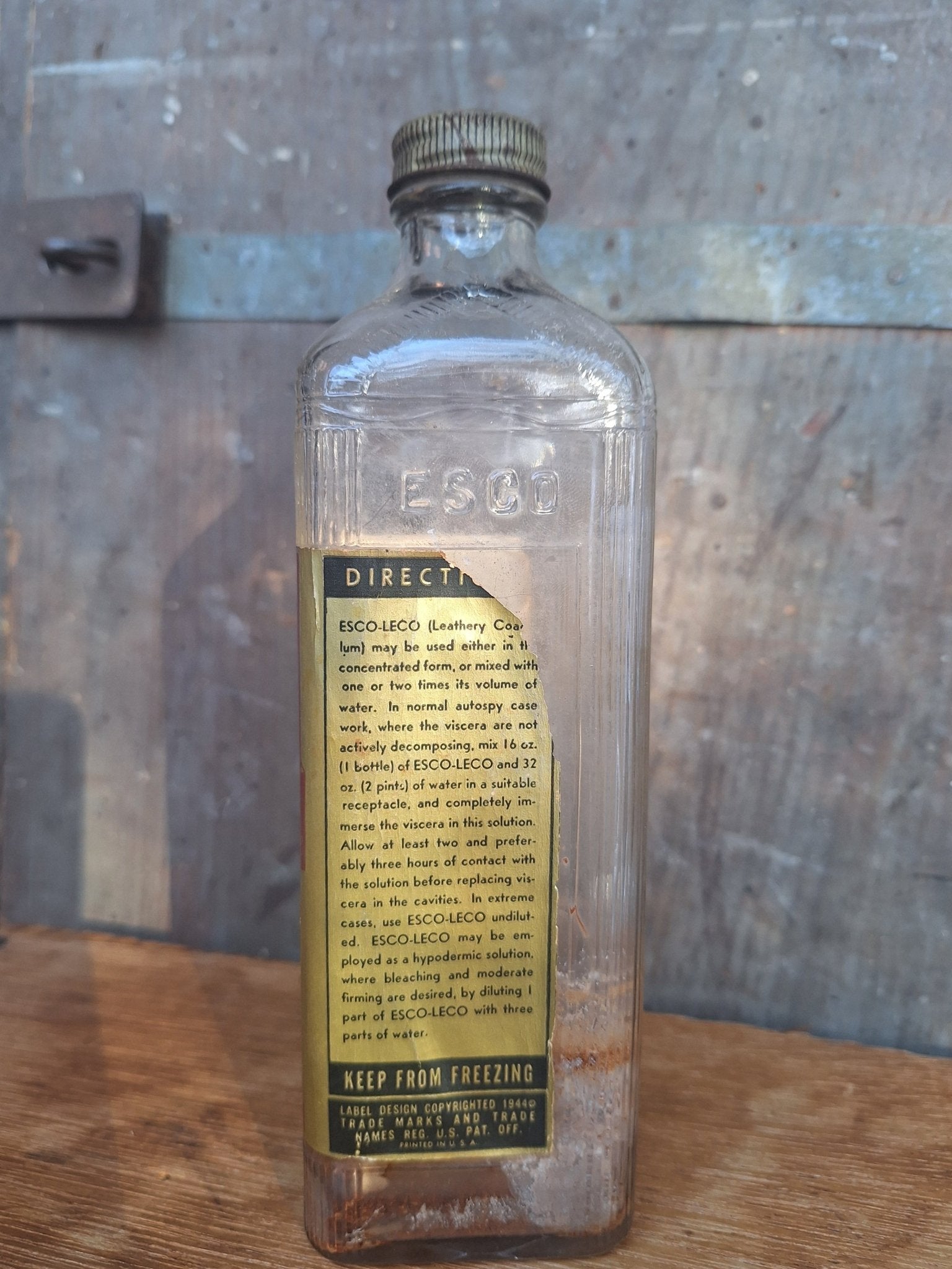 Antique ESCO - LECO Leathery Coagulum Embalming Bottle - Visceral Preservative - Exquisite Dark Curio