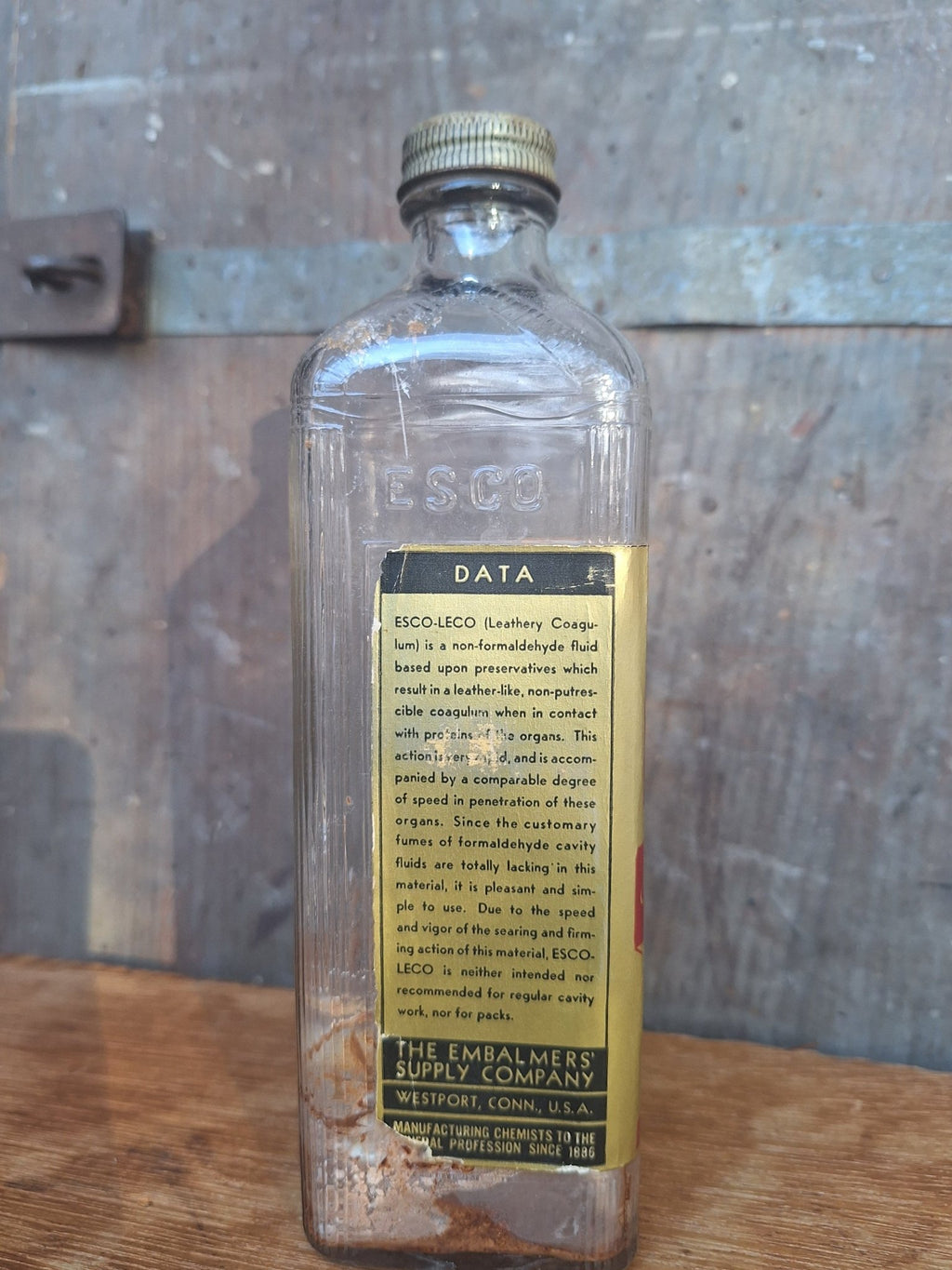 Antique ESCO - LECO Leathery Coagulum Embalming Bottle - Visceral Preservative - Exquisite Dark Curio