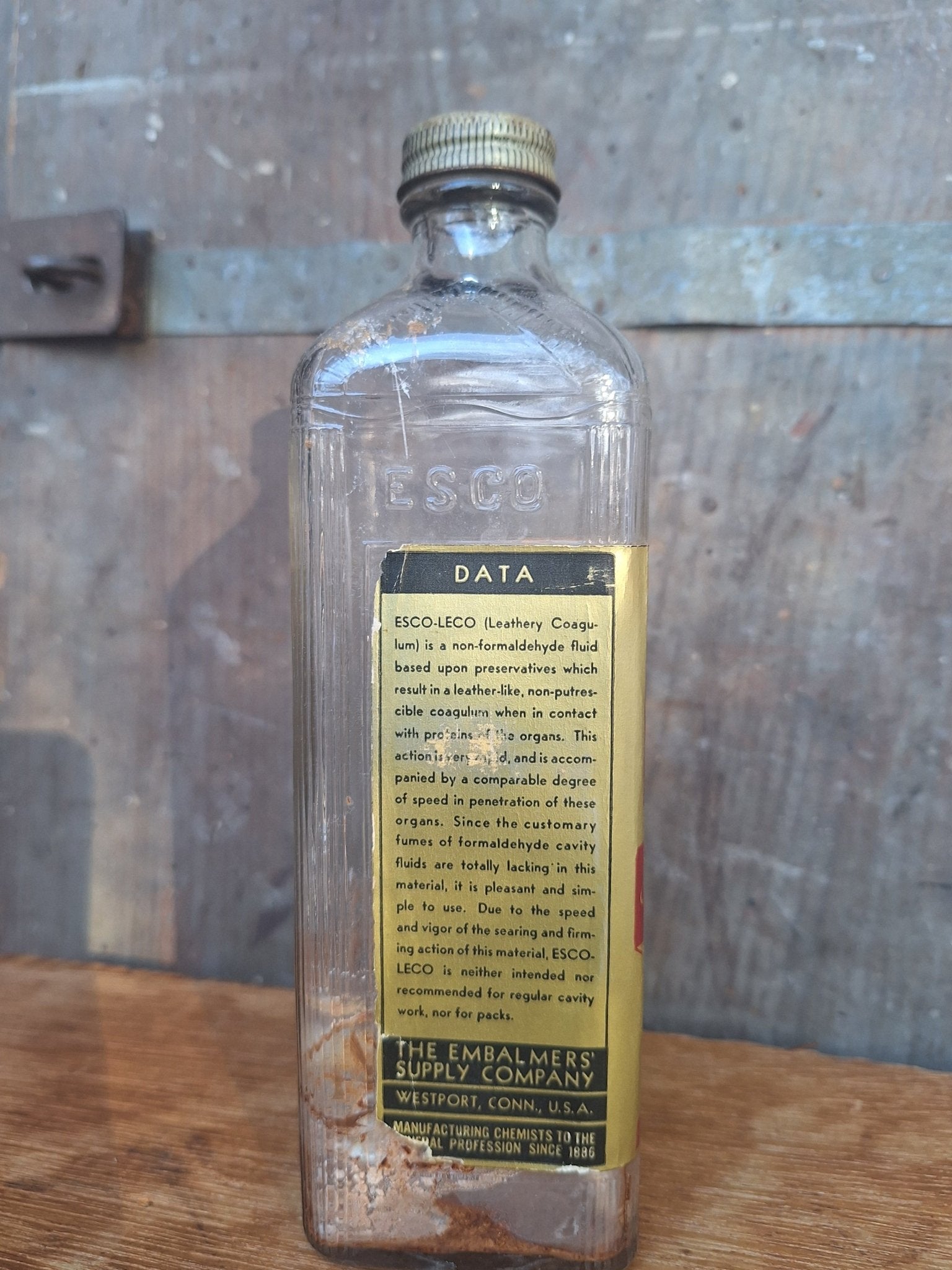 Antique ESCO - LECO Leathery Coagulum Embalming Bottle - Visceral Preservative - Exquisite Dark Curio