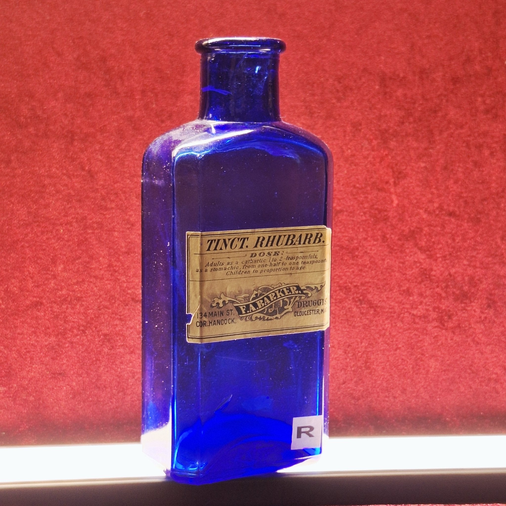 Antique F.A. Barker Tincture of Rhubarb Bottle – Gloucester MA Cobalt Blue Medicine - Exquisite Dark Curio