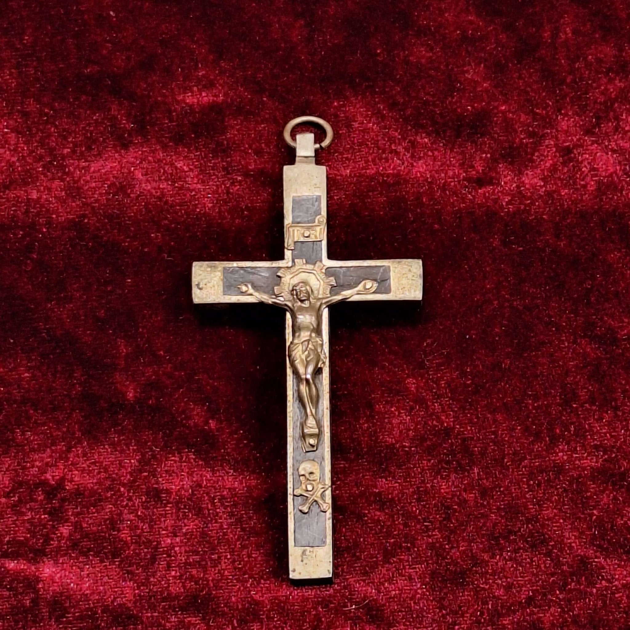 Antique Memento Mori Skull Pectoral Ebony Crucifix 1 - Exquisite Dark Curio