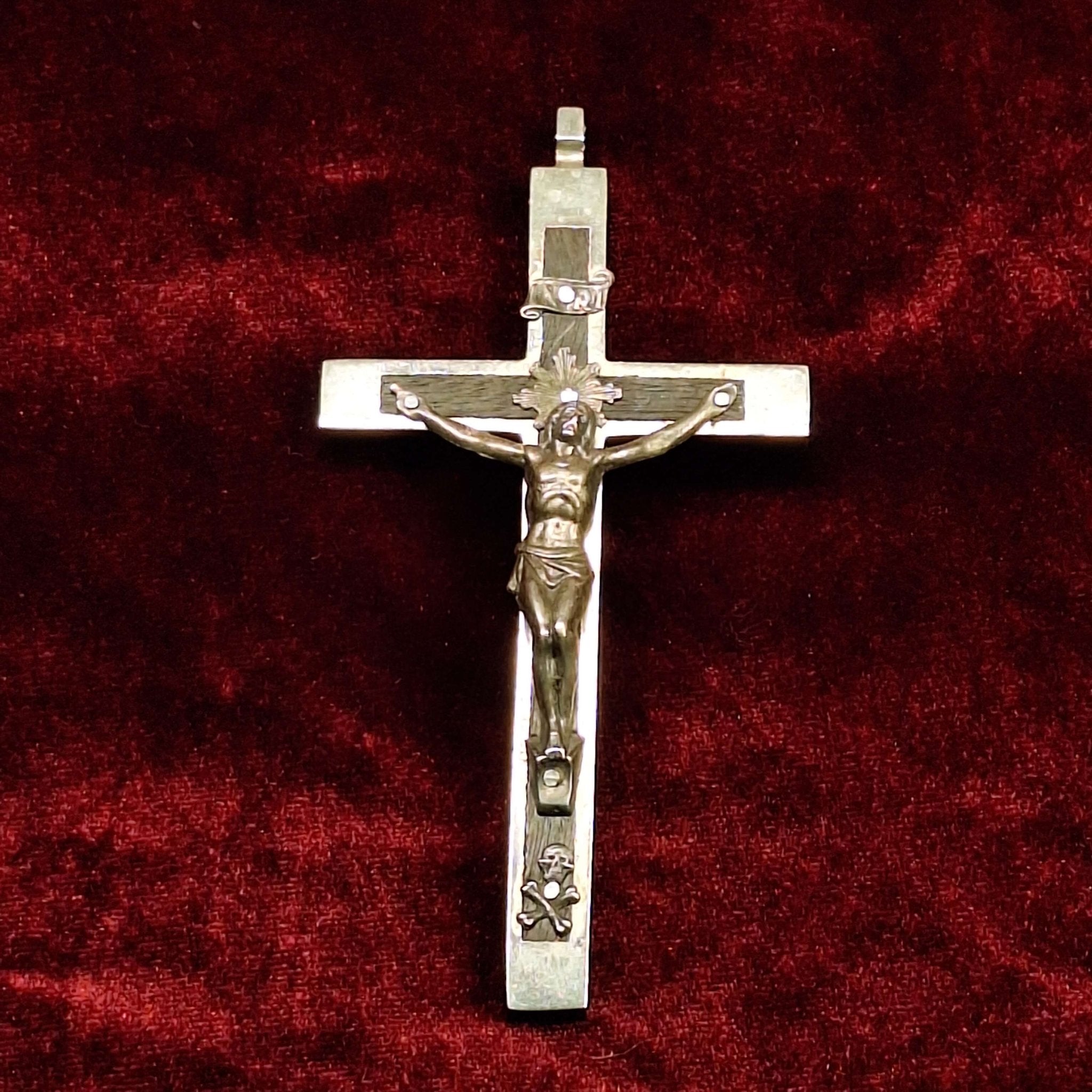 Antique Memento Mori Skull Pectoral Ebony Crucifix 2 - Exquisite Dark Curio