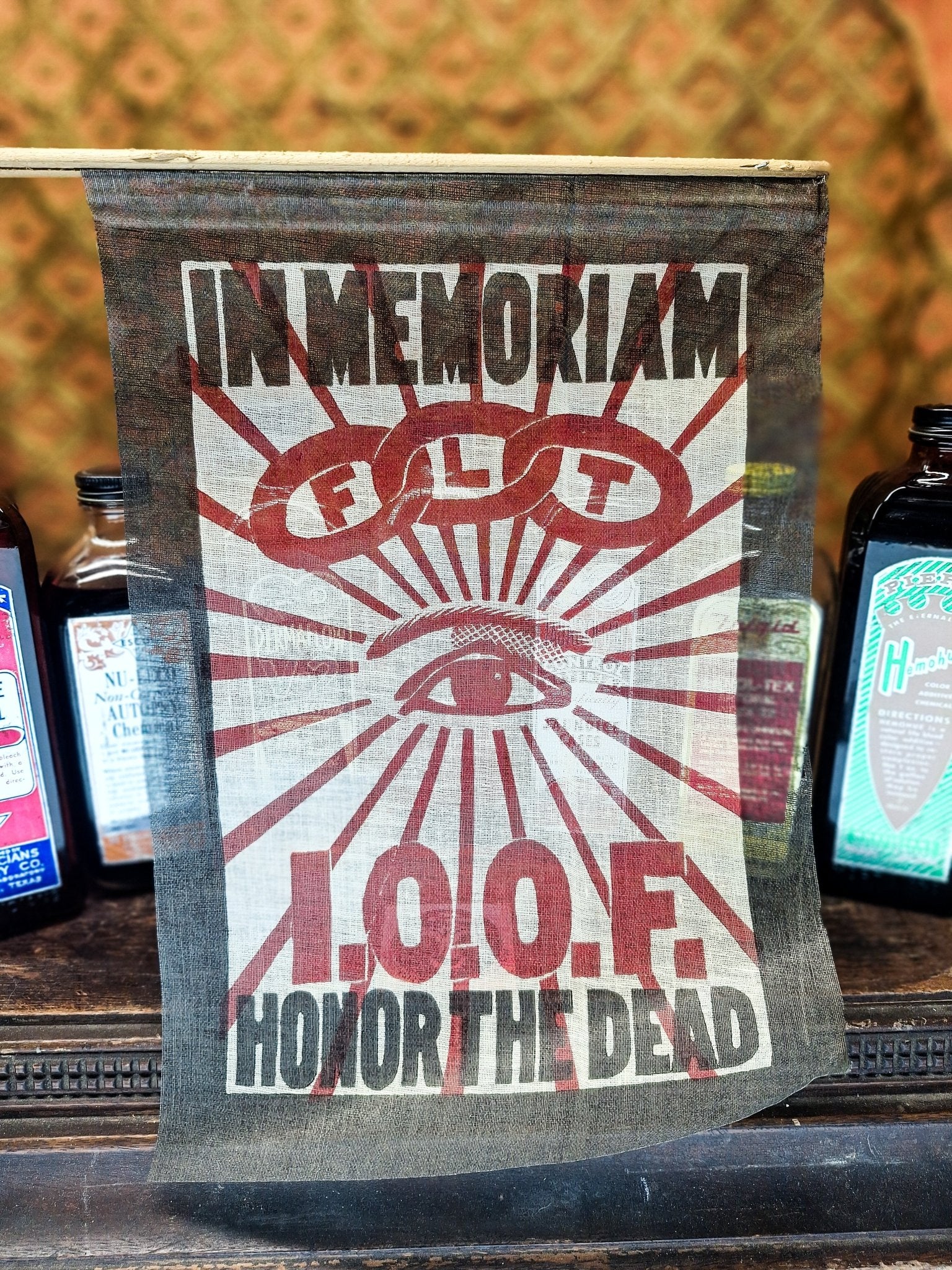 Antique Oddfellows Funeral Flag "In Memoriam, Honor the Dead" - Exquisite Dark Curio