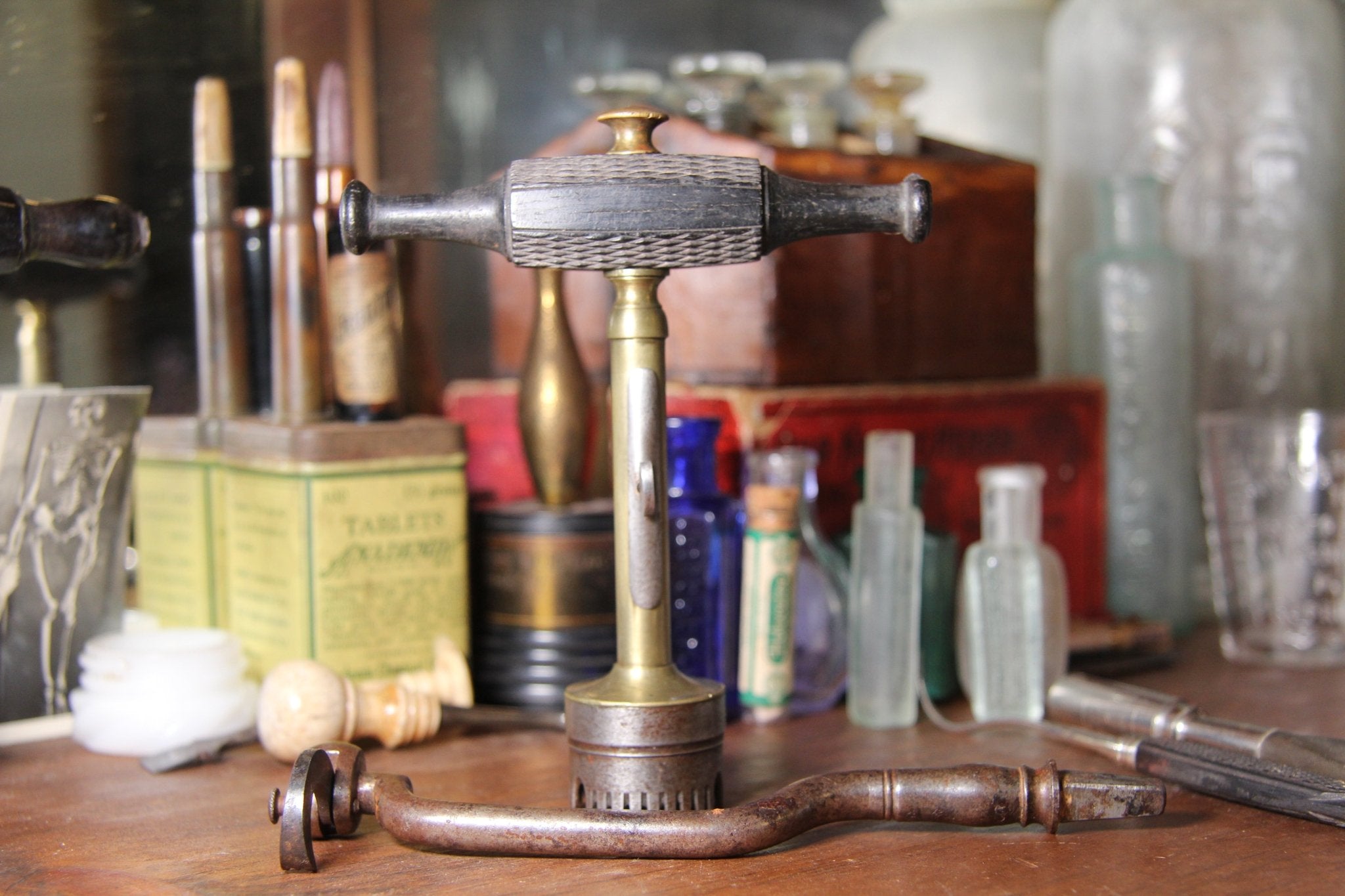 Antique Trephine Skull Drill & Tooth Key Set Ebony Interchangeable Handle - Exquisite Dark Curio