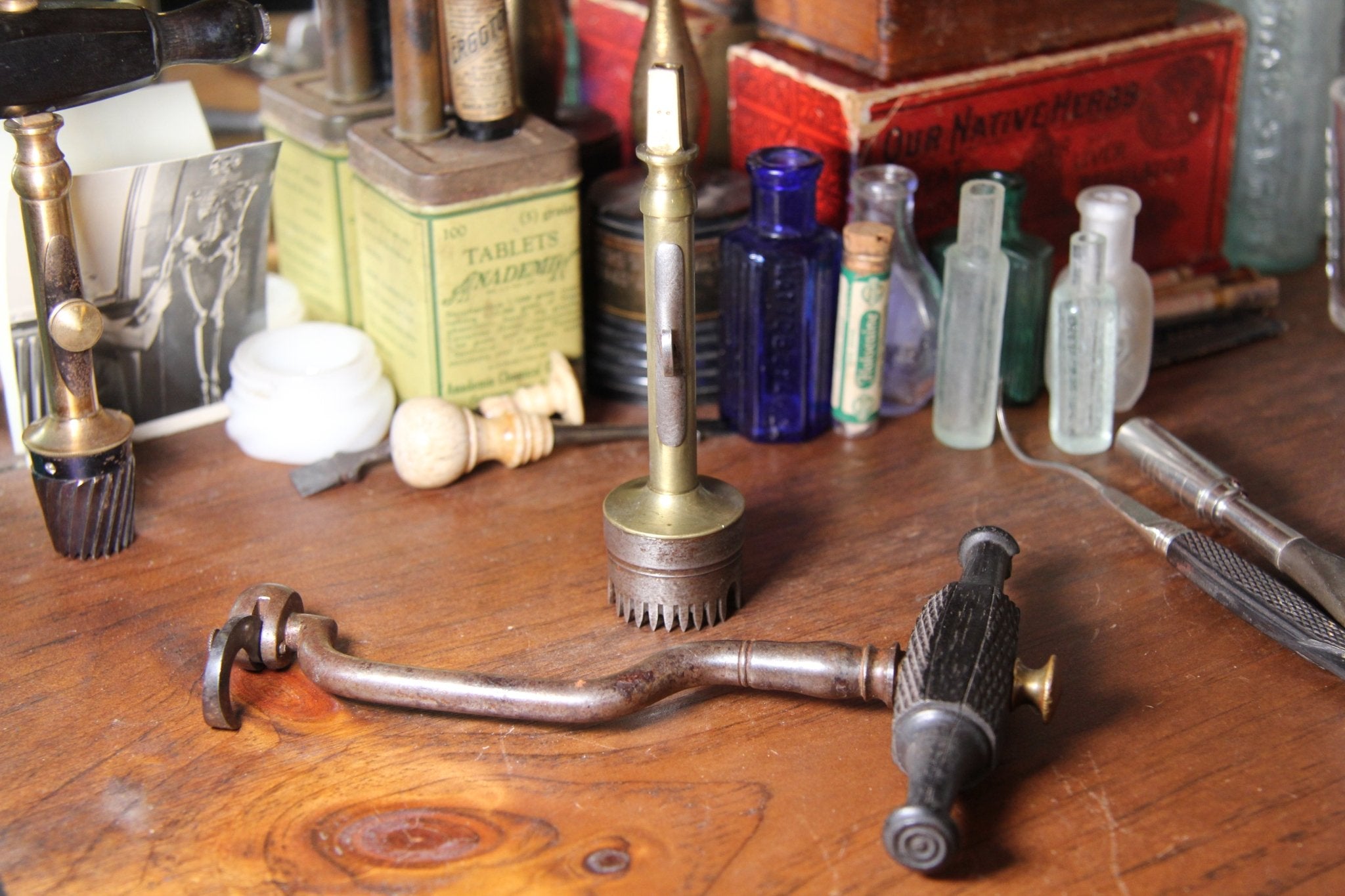 Antique Trephine Skull Drill & Tooth Key Set Ebony Interchangeable Handle - Exquisite Dark Curio