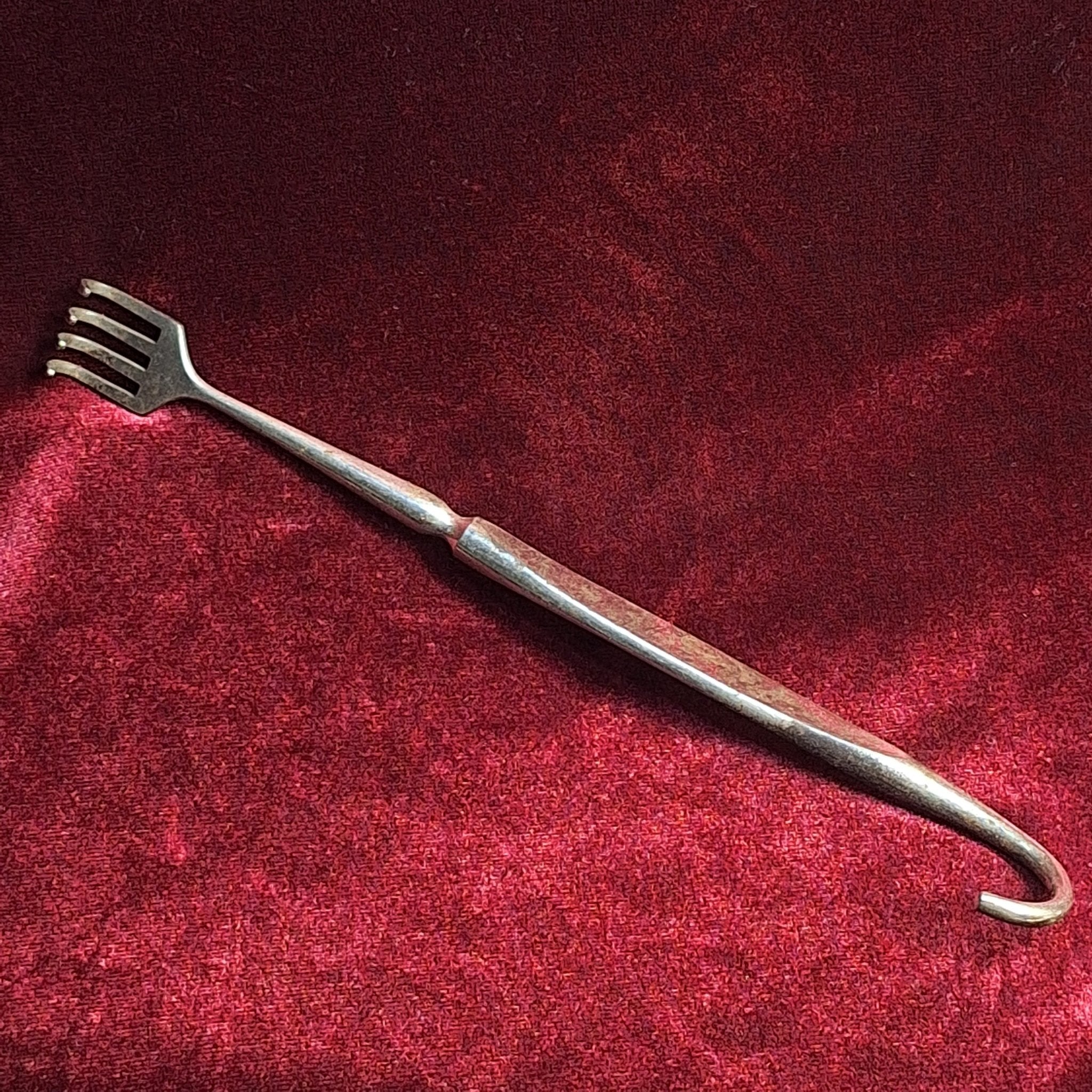 Antique Volkmann’s Sharp Retractor – Nickel - Plated Surgical Rake (1880–1930) Hooked - Exquisite Dark Curio