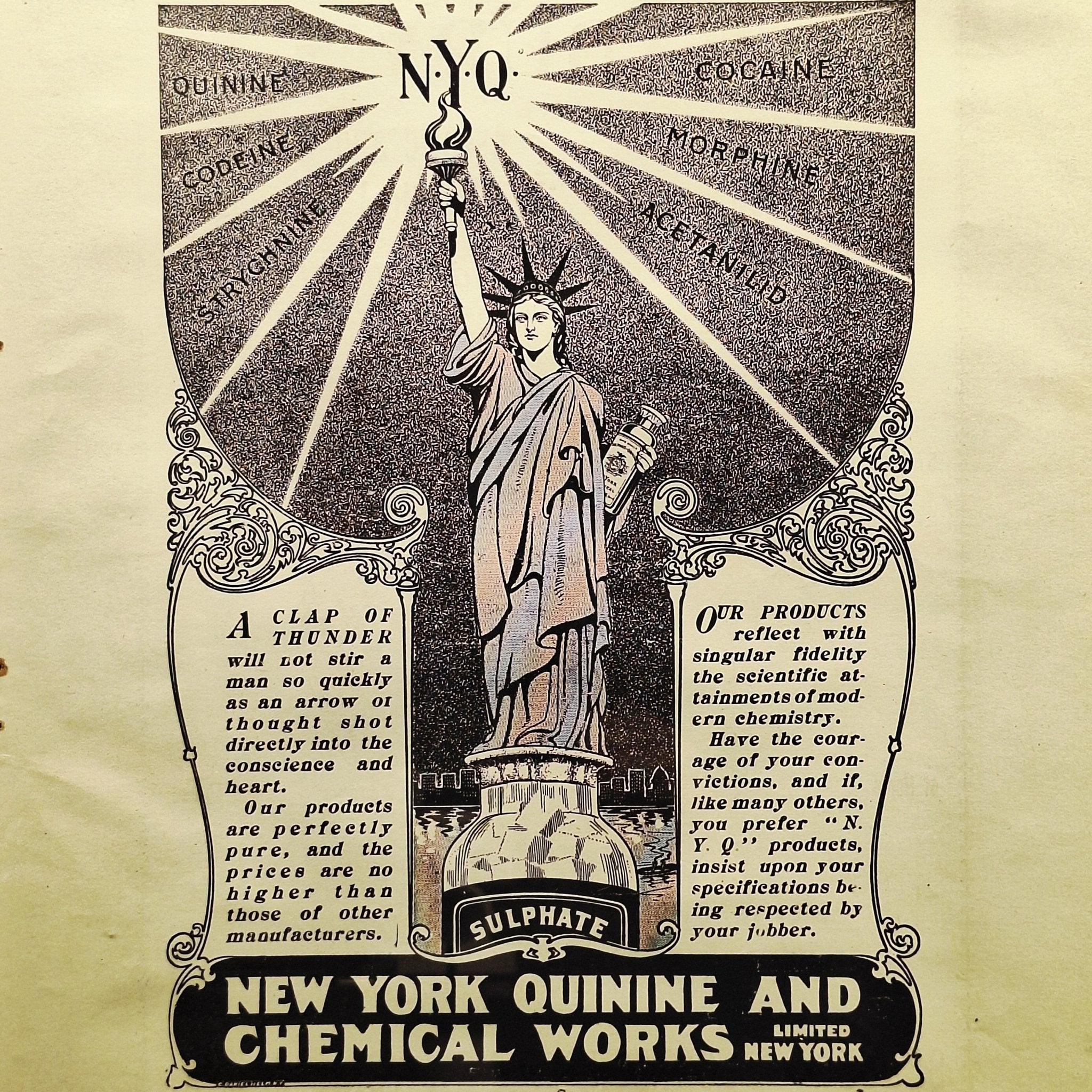 c1903 New York Quinine and Chemical Works, Statue of Liberty Apothecary Advertisement for Cures and Medicines. - Exquisite Dark Curio