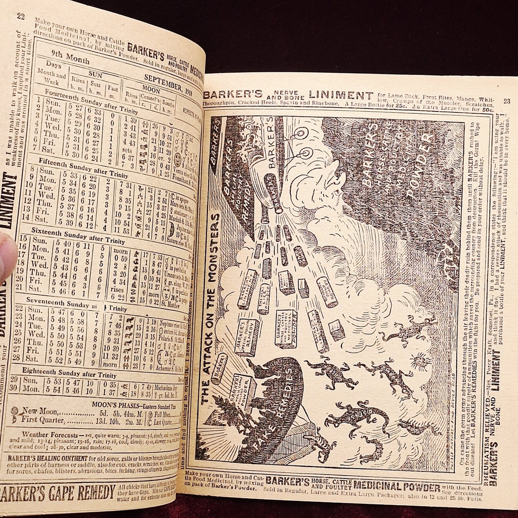 c1918 Barkers Liniment Almanac & Cookbook - Medicine Advertisements - Exquisite Dark Curio