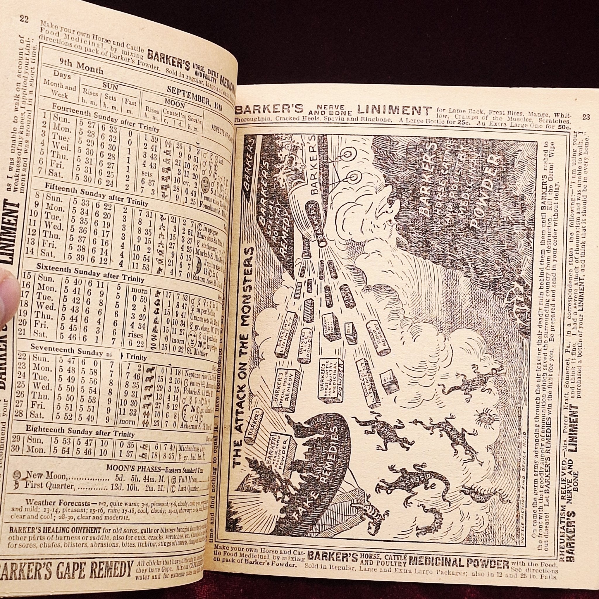 c1918 Barkers Liniment Almanac & Cookbook - Medicine Advertisements - Exquisite Dark Curio