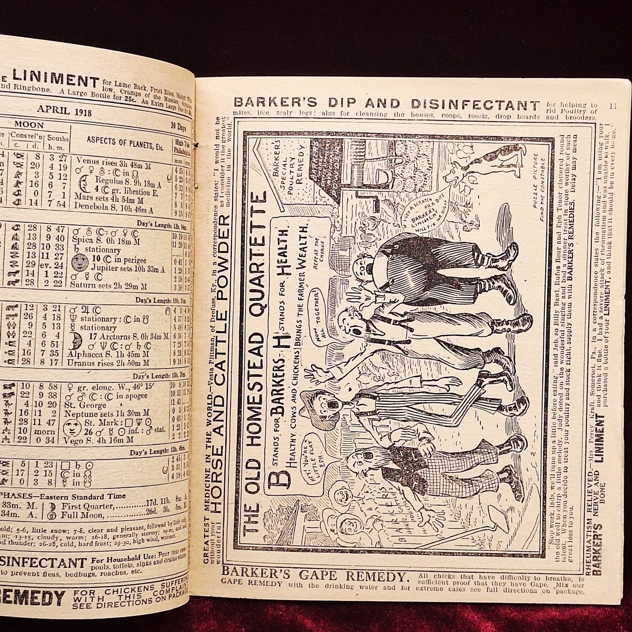 c1918 Barkers Liniment Almanac & Cookbook - Medicine Advertisements - Exquisite Dark Curio