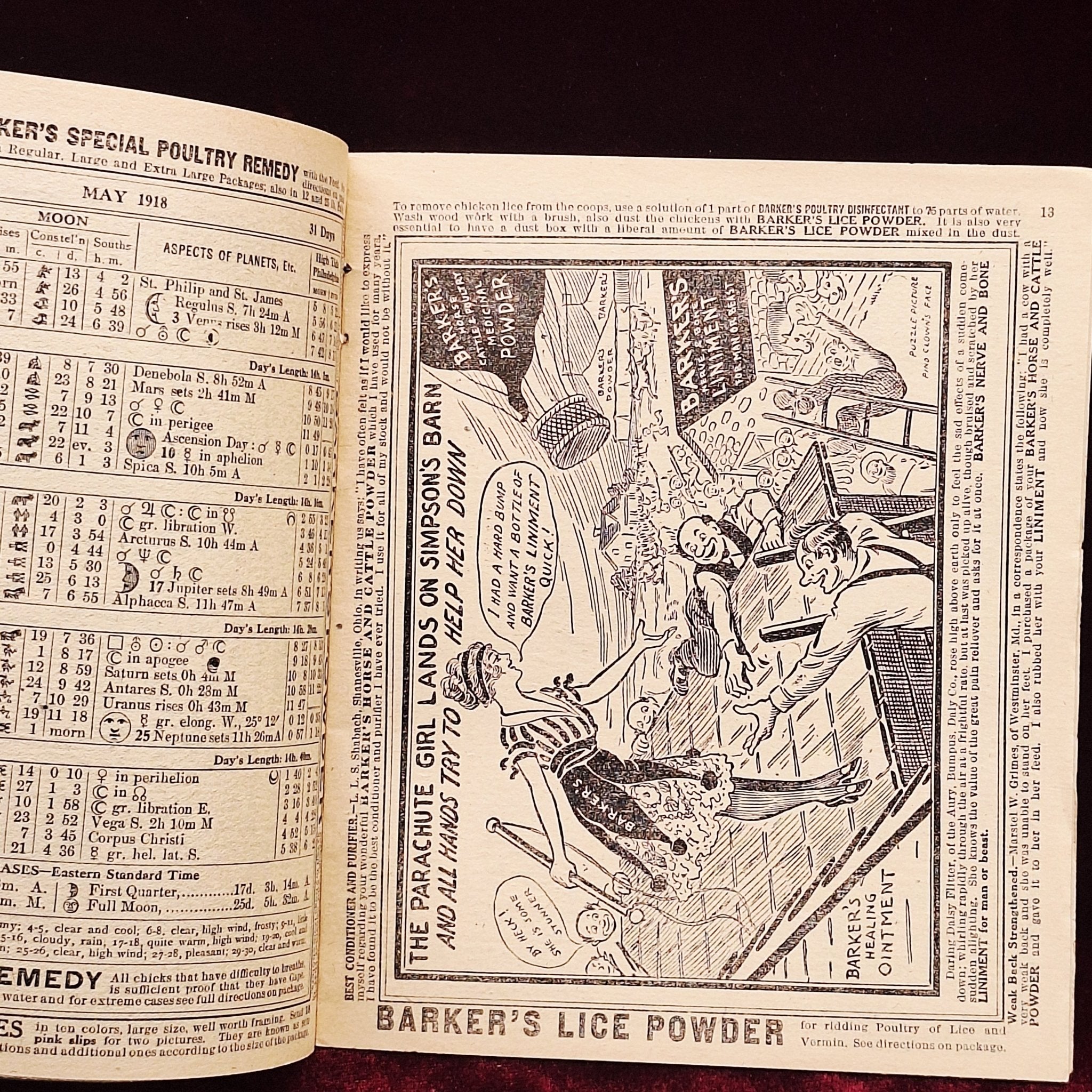 c1918 Barkers Liniment Almanac & Cookbook - Medicine Advertisements - Exquisite Dark Curio