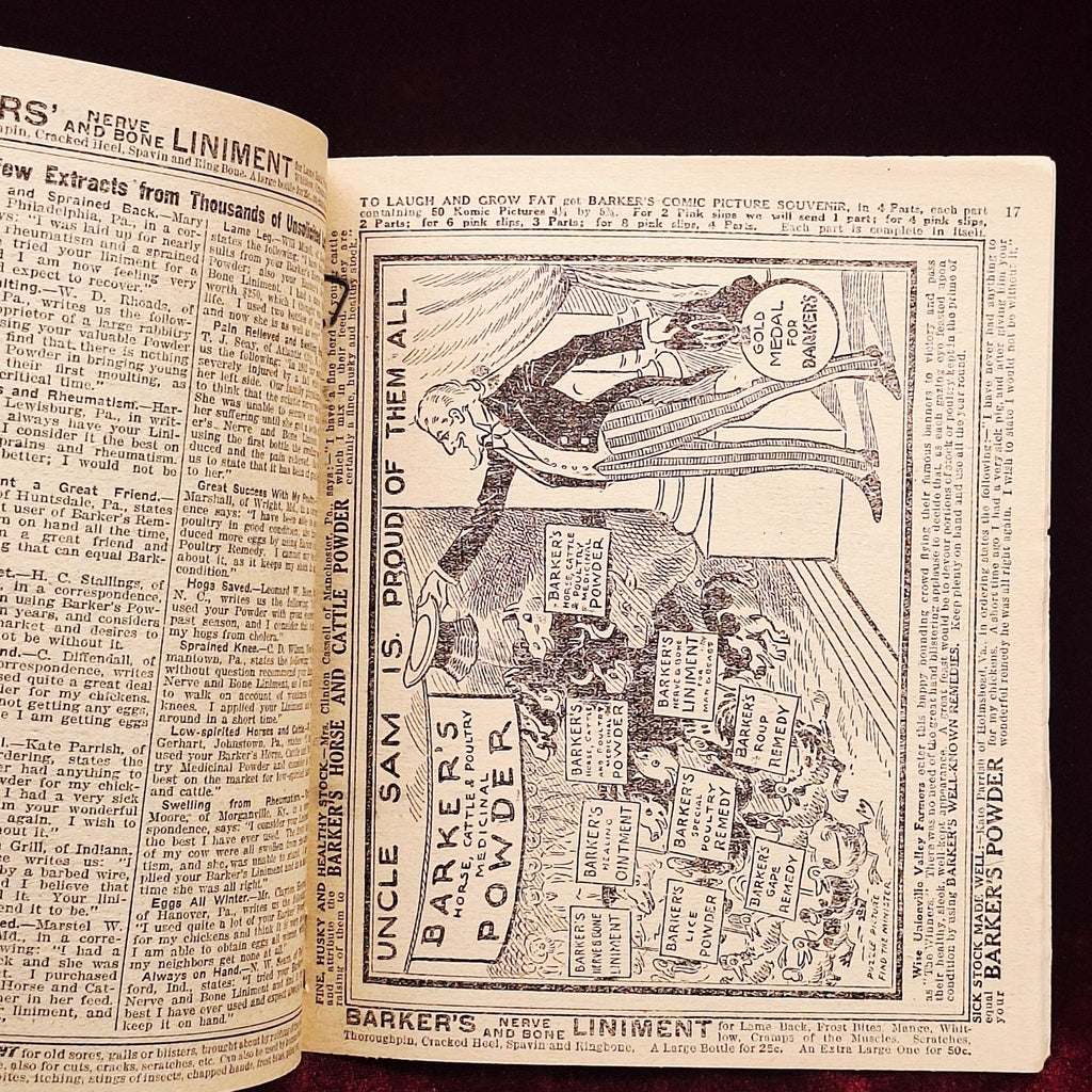 c1918 Barkers Liniment Almanac & Cookbook - Medicine Advertisements - Exquisite Dark Curio
