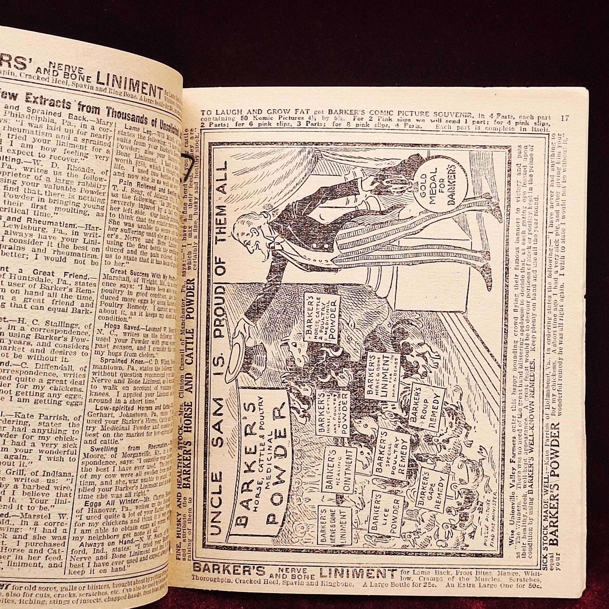 c1918 Barkers Liniment Almanac & Cookbook - Medicine Advertisements - Exquisite Dark Curio