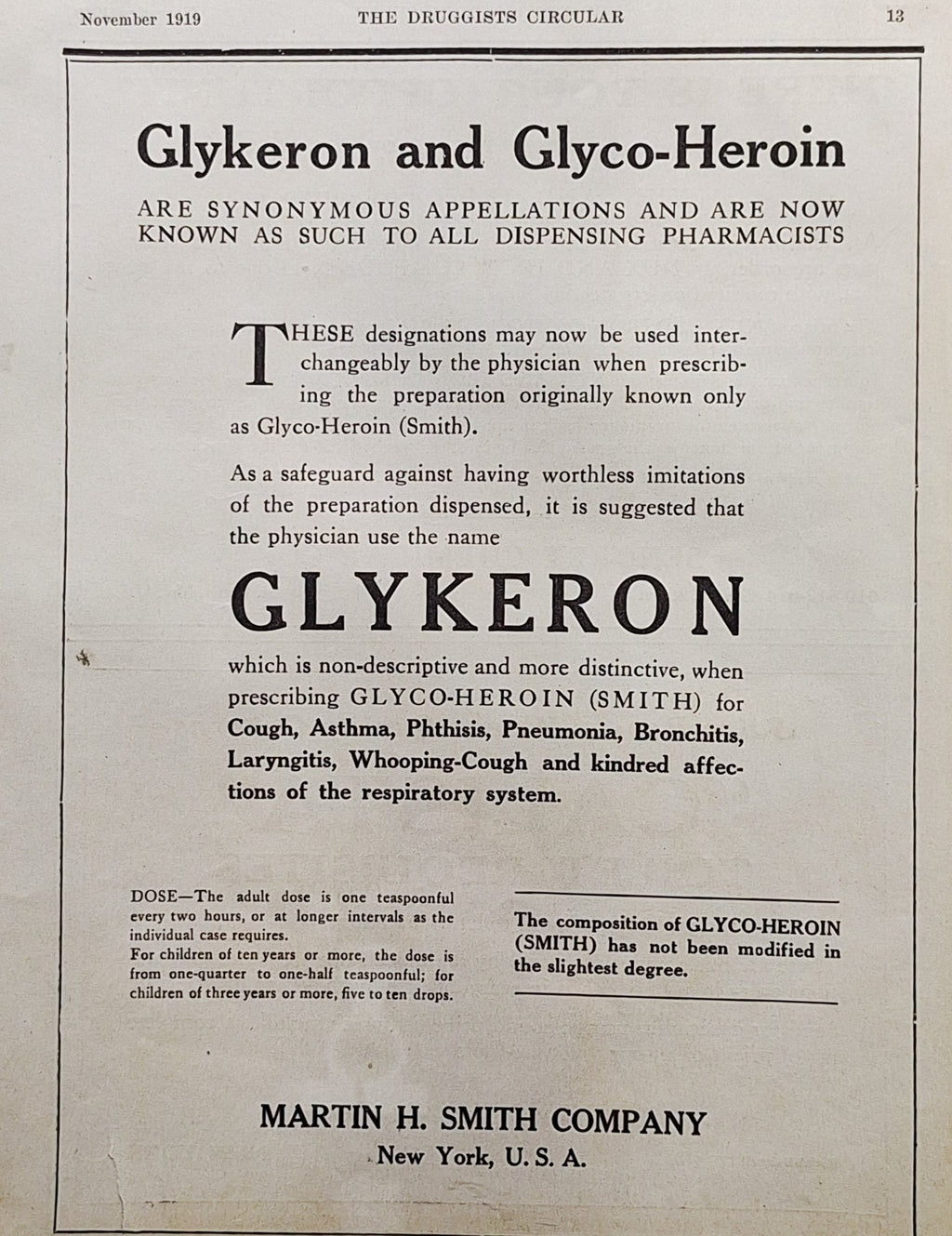 c1919 Antique Paper Advertisement for Glykeron and Glyco - Heroin - Exquisite Dark Curio