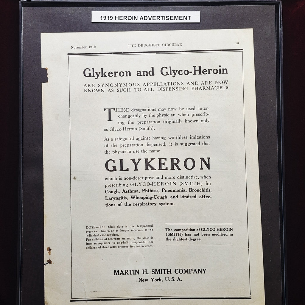 c1919 Antique Paper Advertisement for Glykeron and Glyco - Heroin - Exquisite Dark Curio