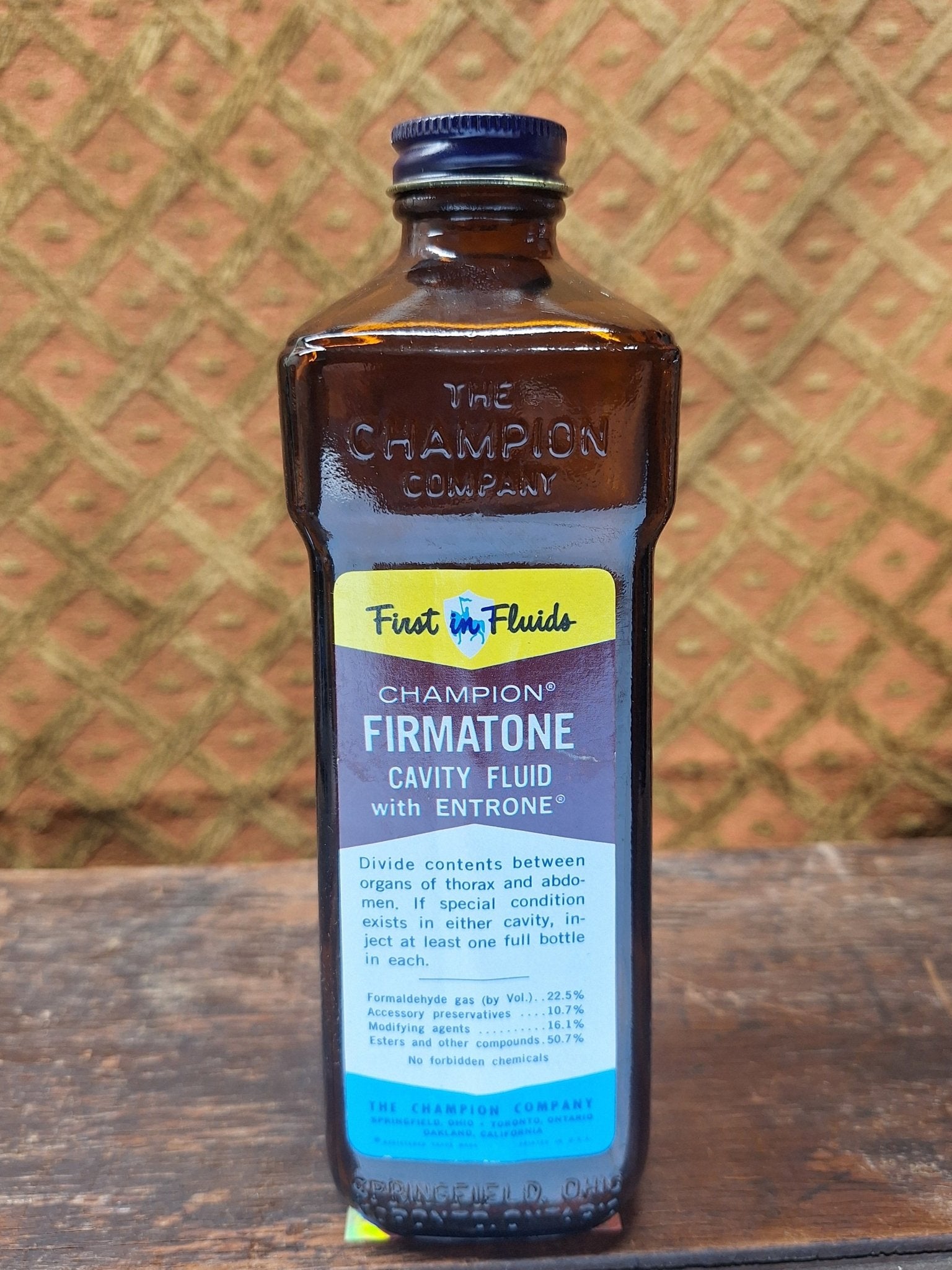Champion First in Fluids Firmatone Vintage Embalming Bottle - Exquisite Dark Curio