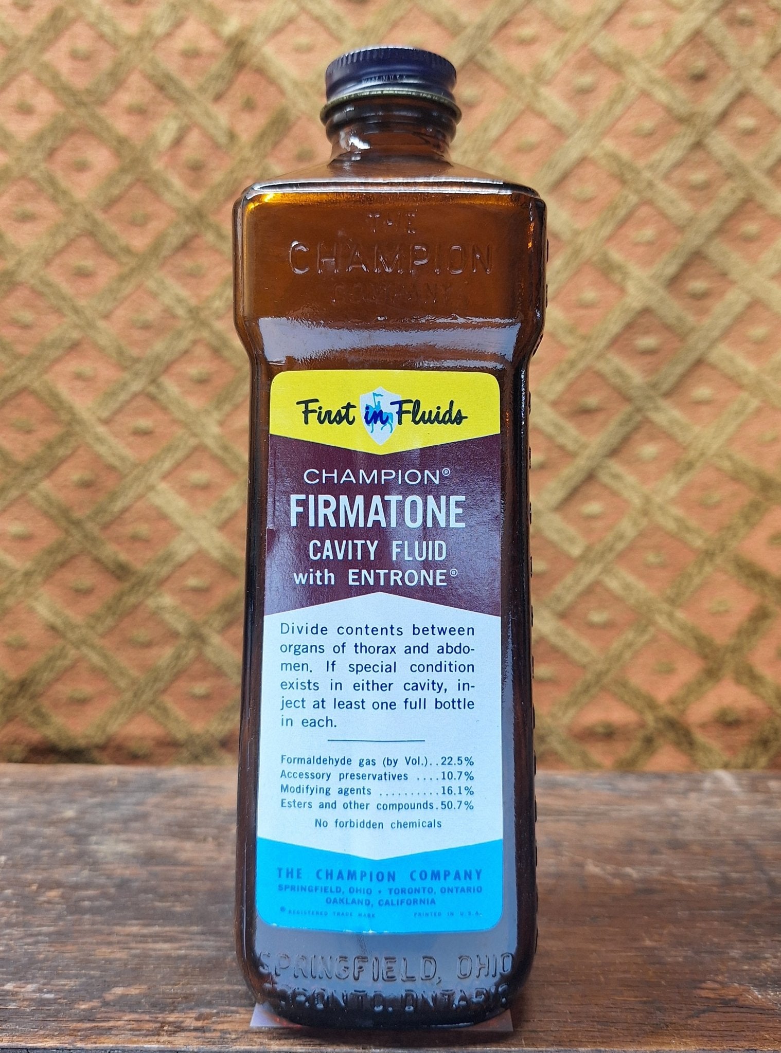 Champion First in Fluids Firmatone Vintage Embalming Bottle - Exquisite Dark Curio