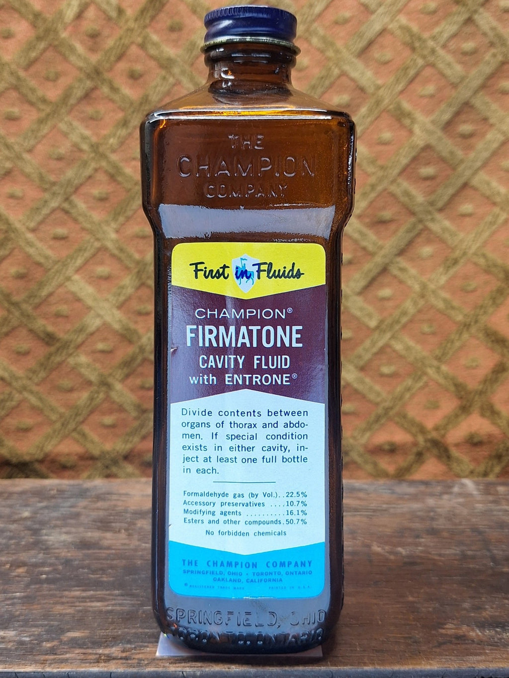 Champion First in Fluids Firmatone Vintage Embalming Bottle - Exquisite Dark Curio