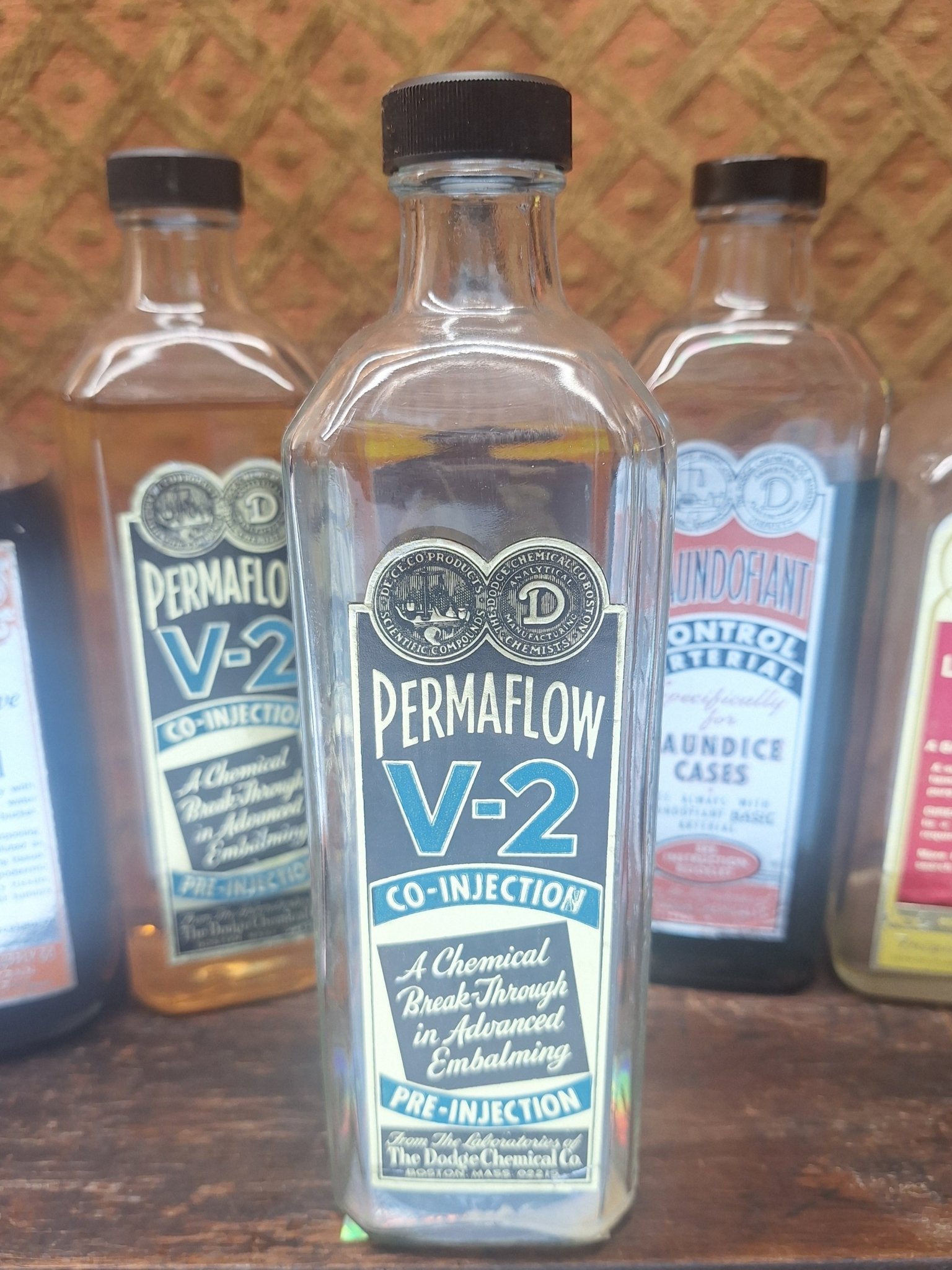 Dodge Permafix V - 2 Antique Glass Embalming Bottle - Exquisite Dark Curio