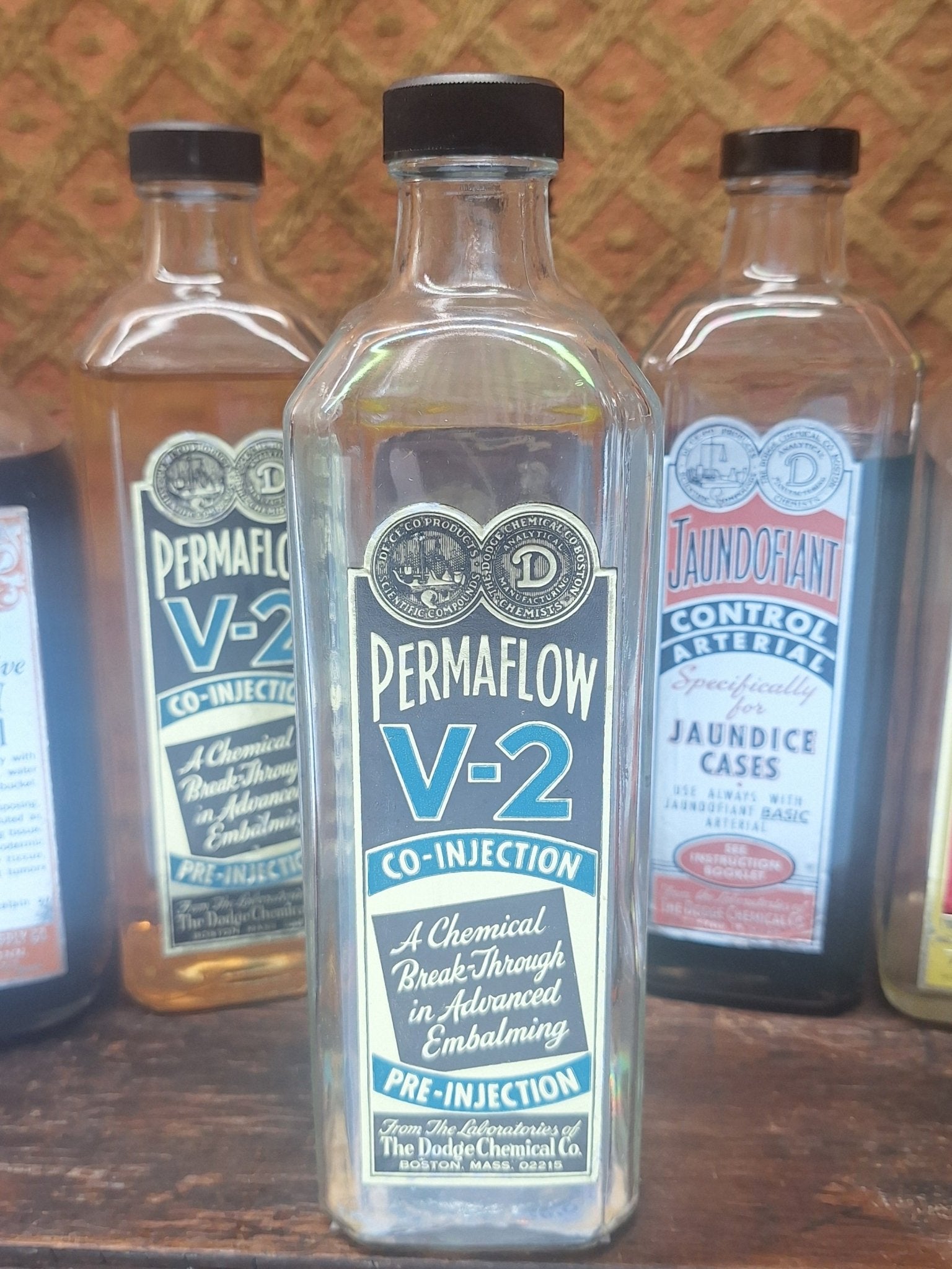 Dodge Permafix V - 2 Antique Glass Embalming Bottle - Exquisite Dark Curio