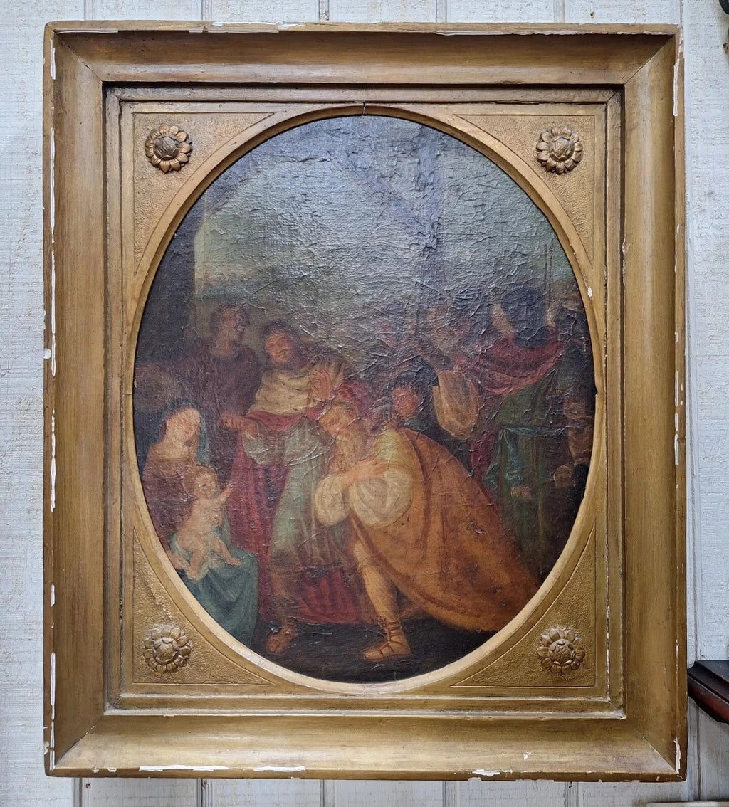 Early 19th Century 'Adoration of the Magi' Christ and Madonna Oil Painting - Exquisite Dark Curio