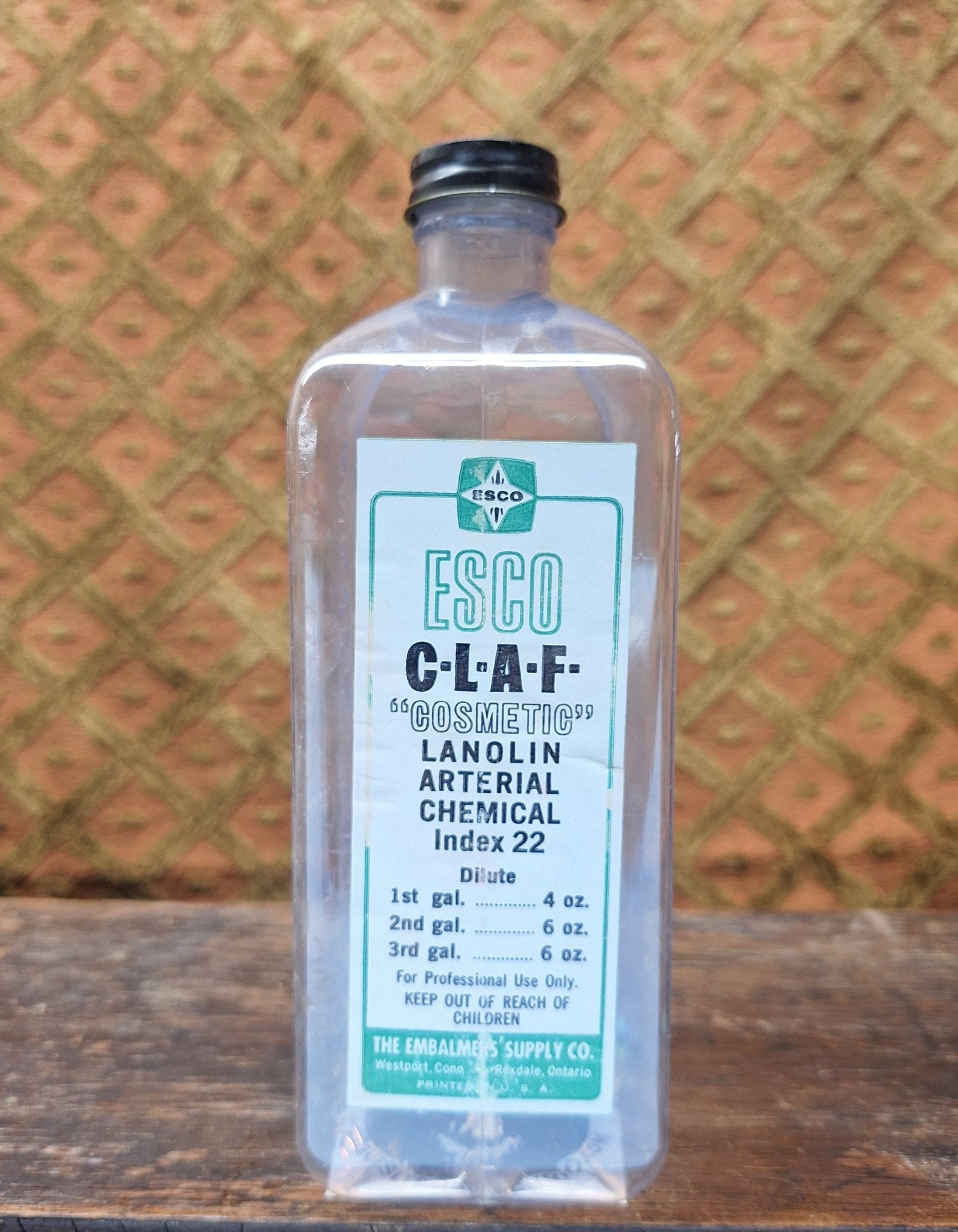 ESCO CLAF Embalmers Supply Company Vintage Embalming Bottle Plastic - Exquisite Dark Curio