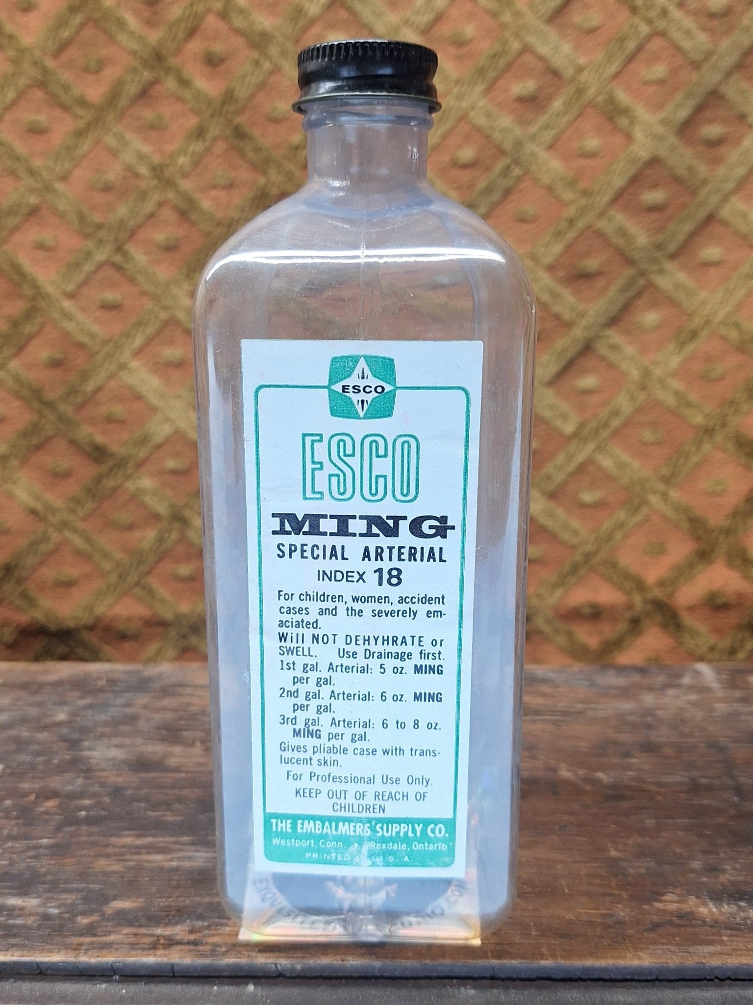 ESCO Ming Embalmers Supply Company Vintage Embalming Bottle Plastic - Exquisite Dark Curio