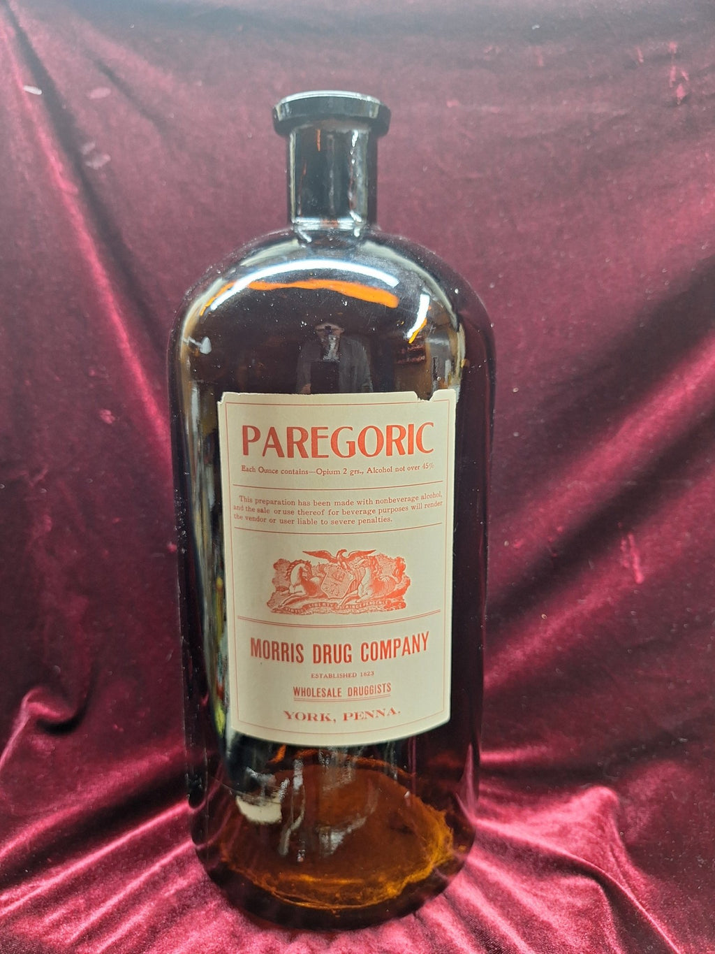 Extra Large 13.5" Blown Glass Apothecary Bottle - Paregoric, Opium. Morris Drug Co - Exquisite Dark Curio