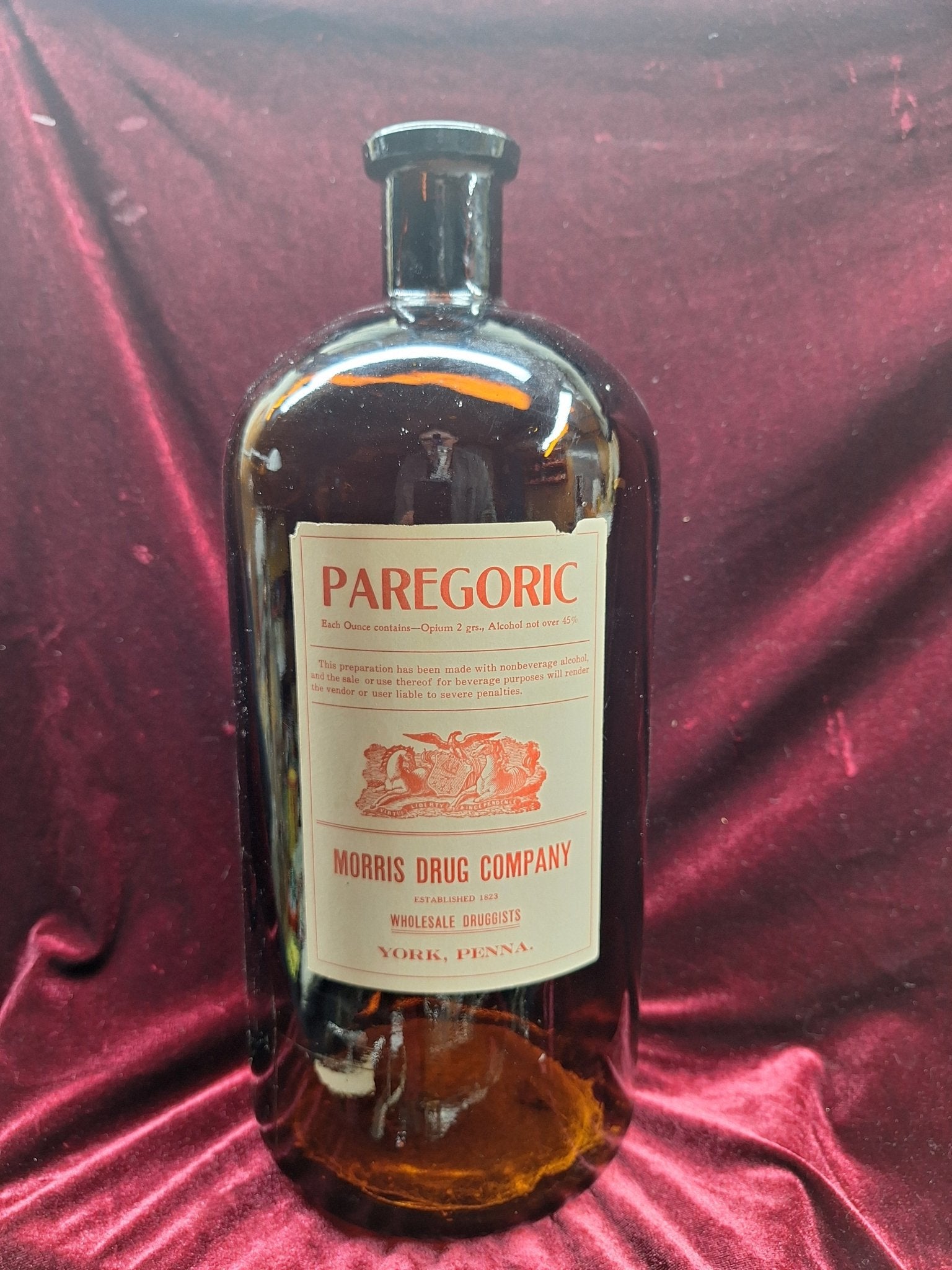 Extra Large 13.5" Blown Glass Apothecary Bottle - Paregoric, Opium. Morris Drug Co - Exquisite Dark Curio