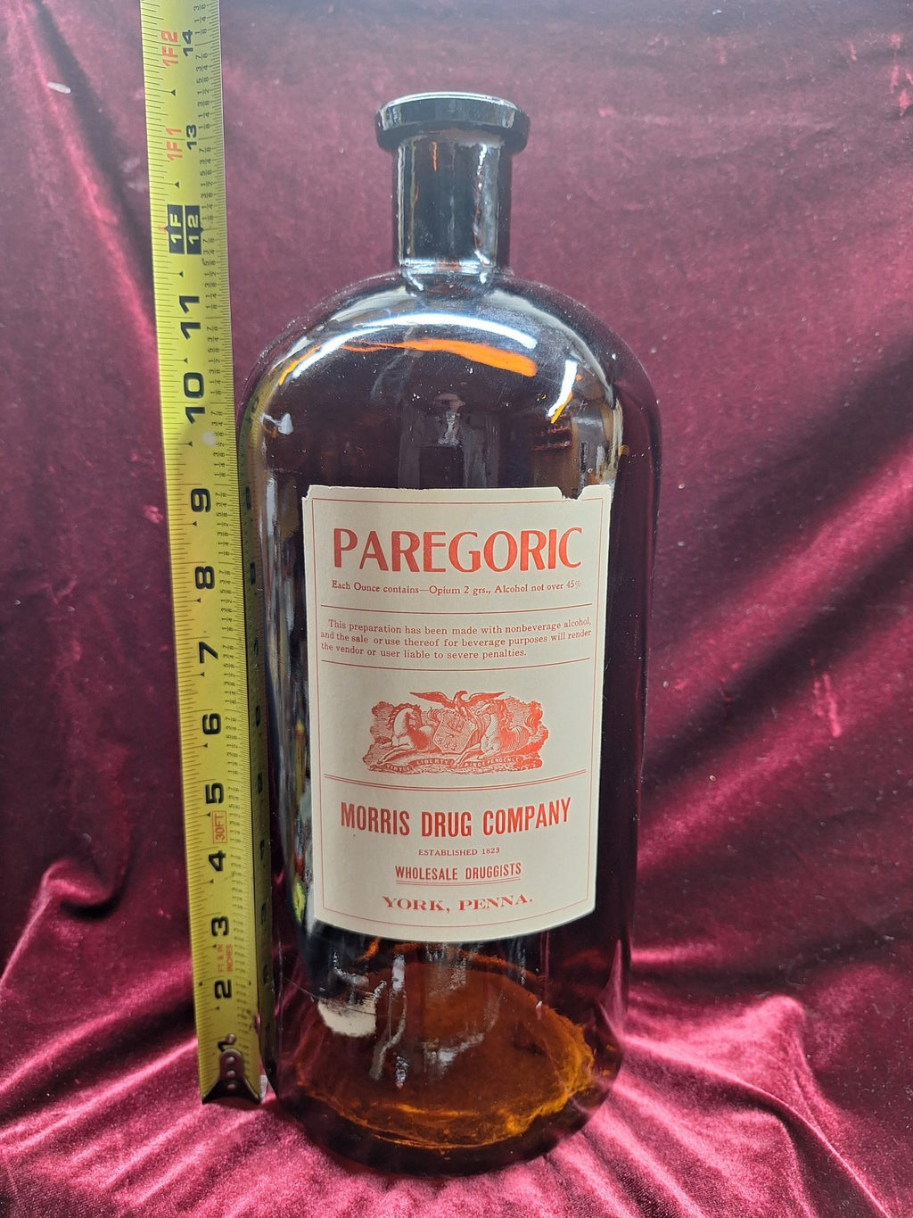 Extra Large 13.5" Blown Glass Apothecary Bottle - Paregoric, Opium. Morris Drug Co - Exquisite Dark Curio